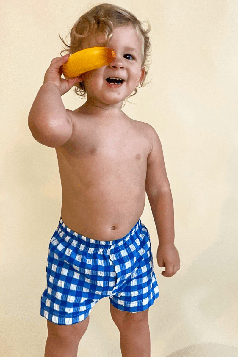 Blue Gingham Mini Swim Trunk