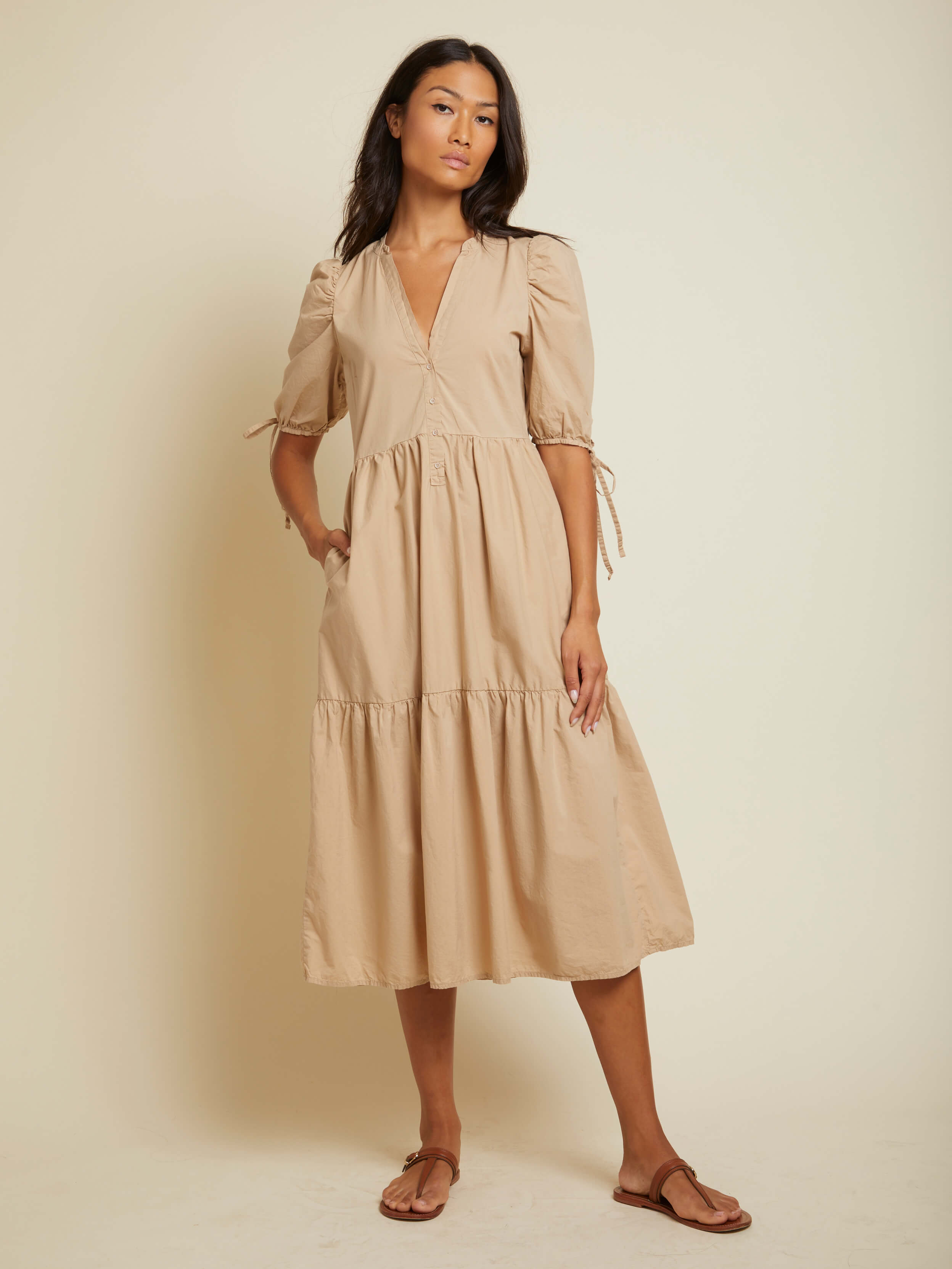 NATION LTD Dustin Striped Puff Sleeve Tiered Midi Dress 