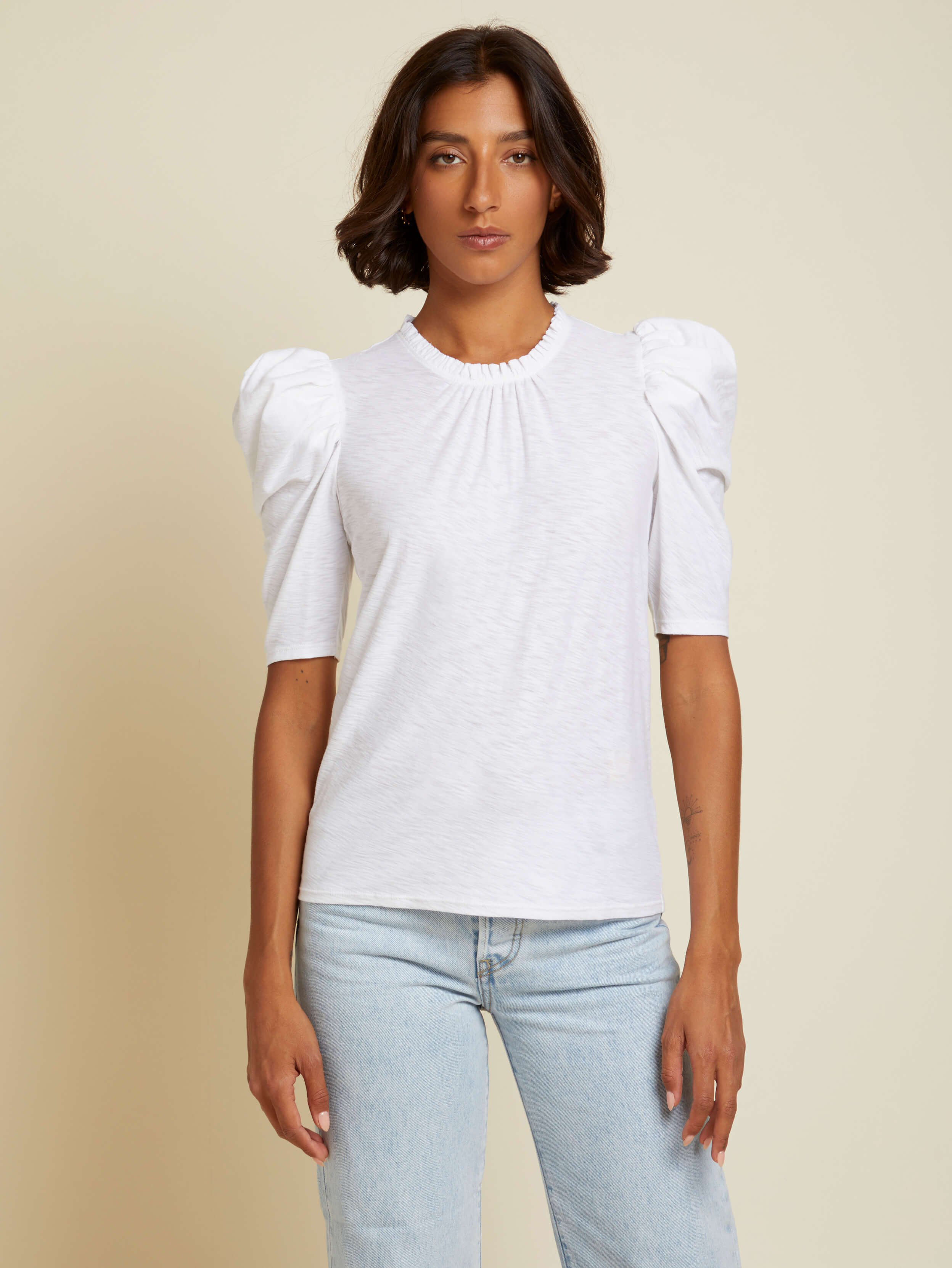 NATION LTD Emma Ruffle Collar Puff Shoulder Short Sleeve