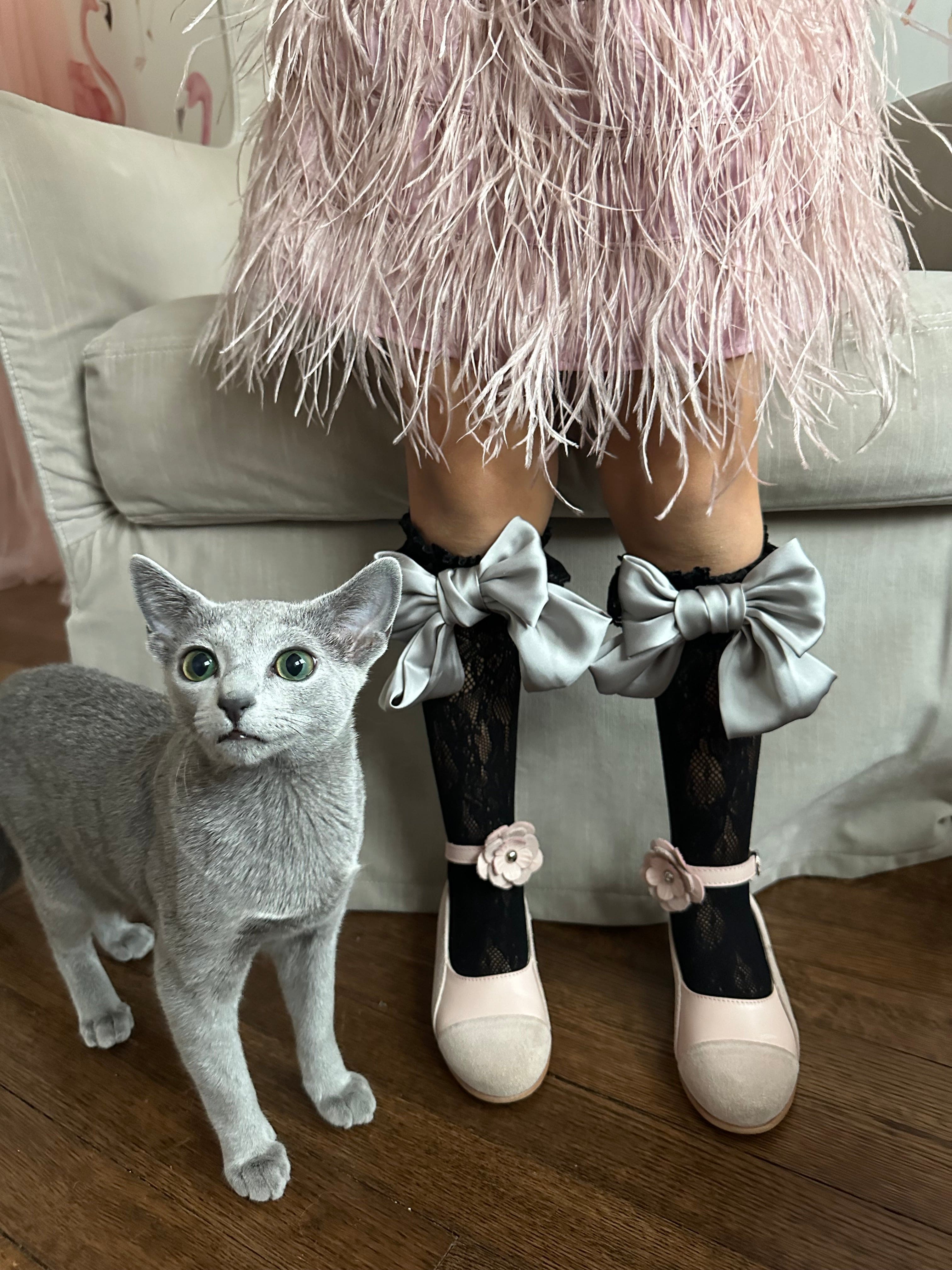 Lola Black Lace Socks with Satin Bows - Silver Bow - Petite Maison Kids