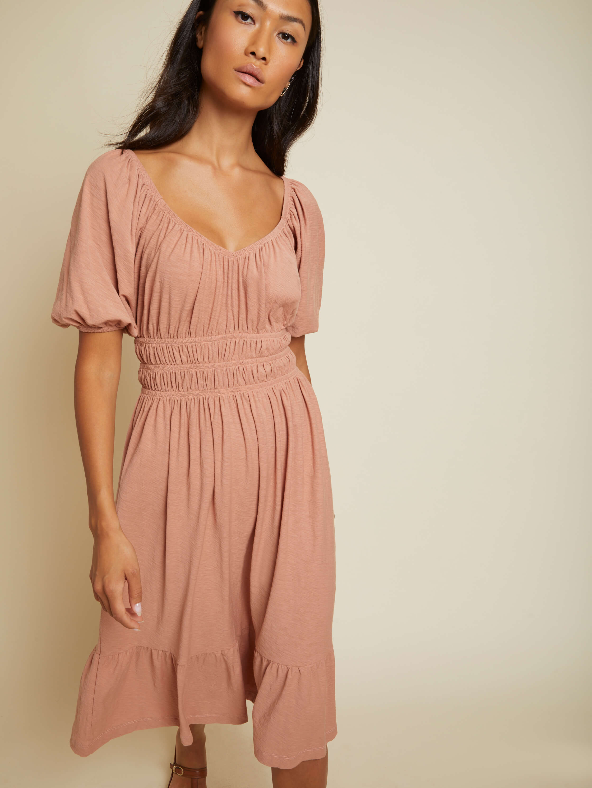 NATION LTD Fabia Shirred Puff Sleeve Midi Dress 