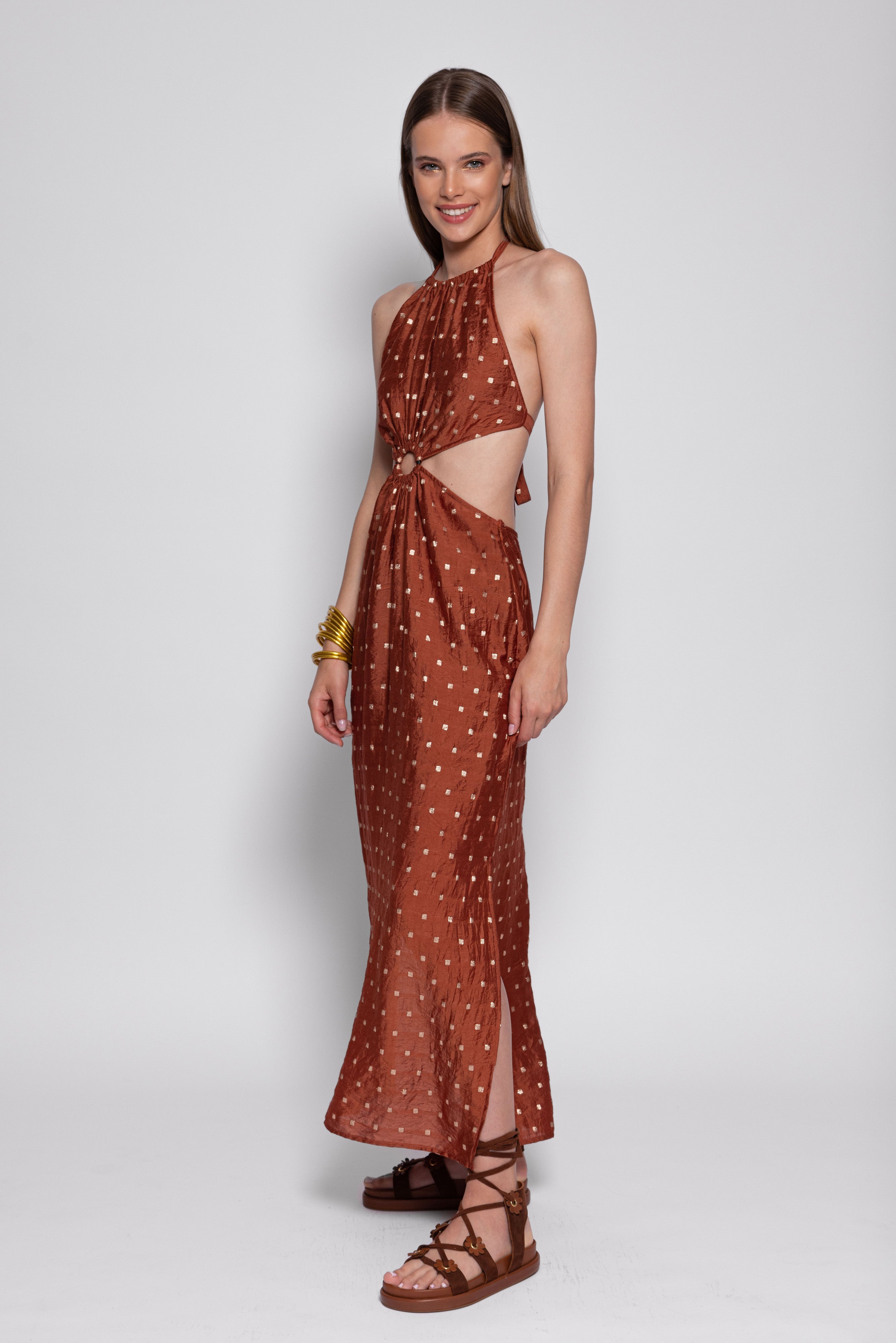 FILIZA LONG DRESS TANZANIA BROWN AND GOLD