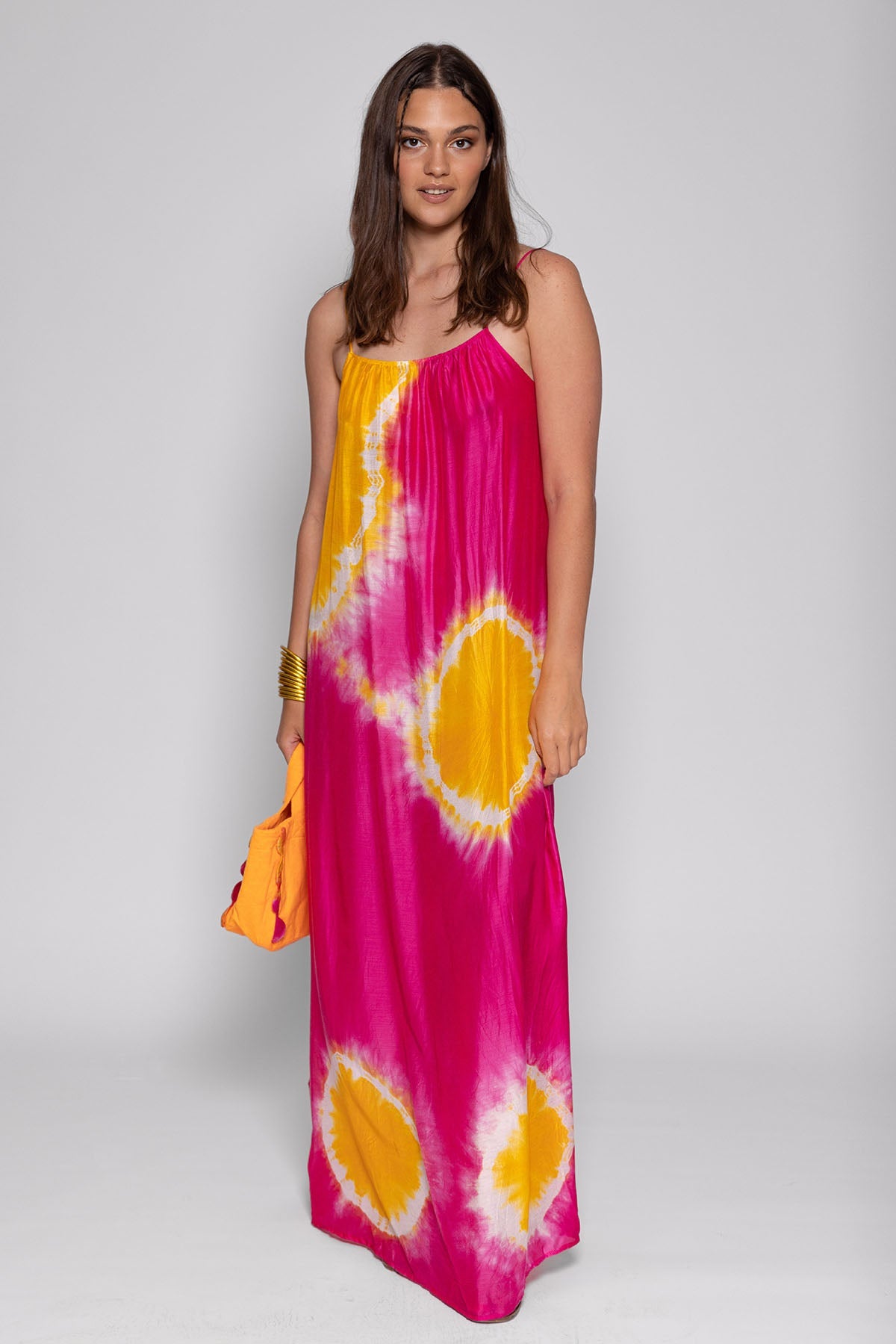 GRACE LONG DRESS TIE & DYE FUCHSIA AND YELLOW