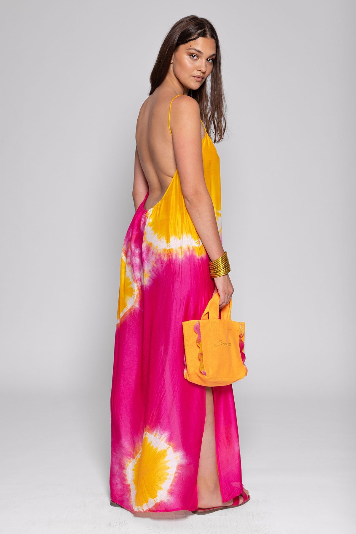 GRACE LONG DRESS TIE & DYE FUCHSIA AND YELLOW