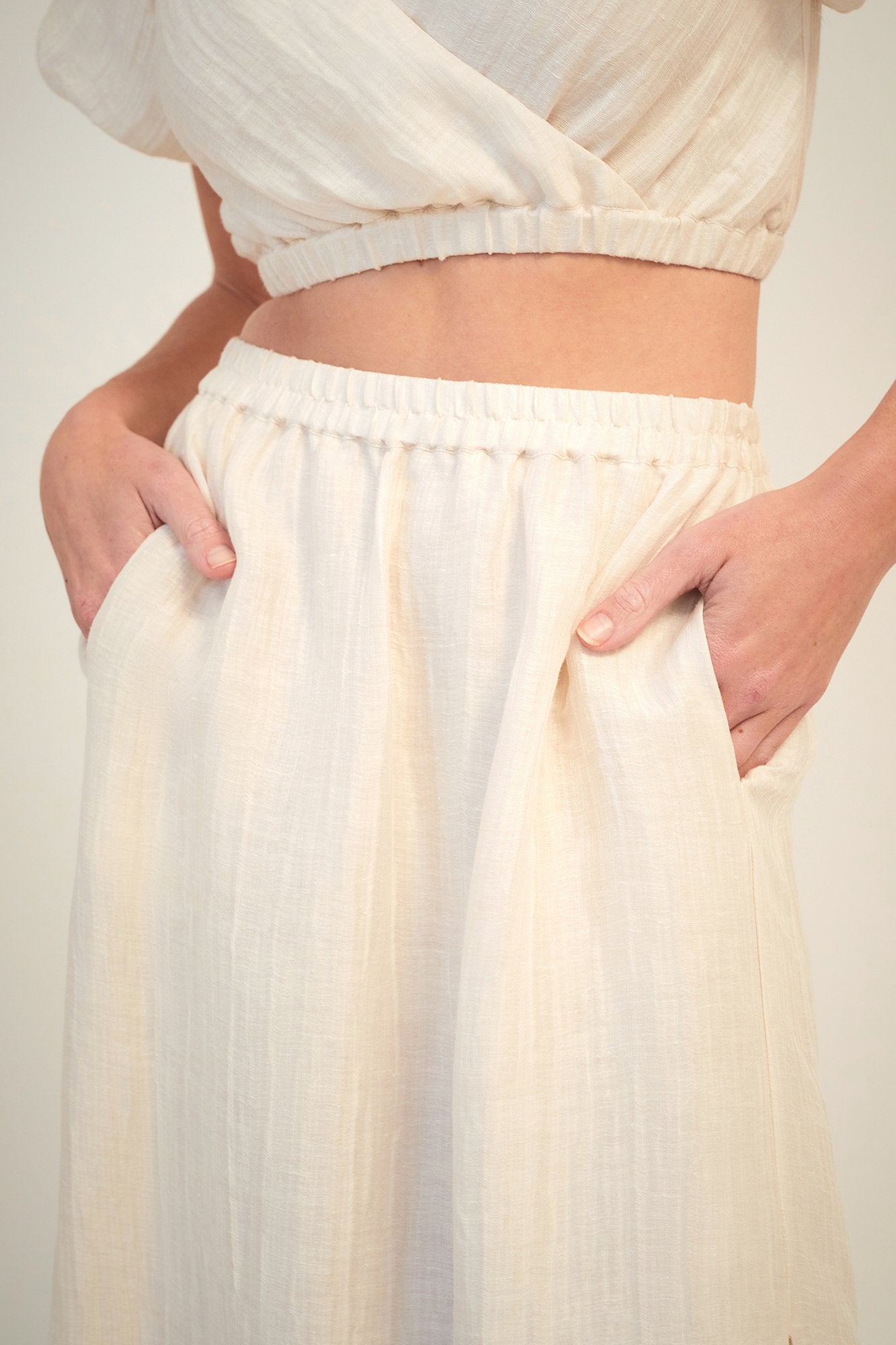 GINIA Silk Linen Carmen Midi Skirt in Ivory