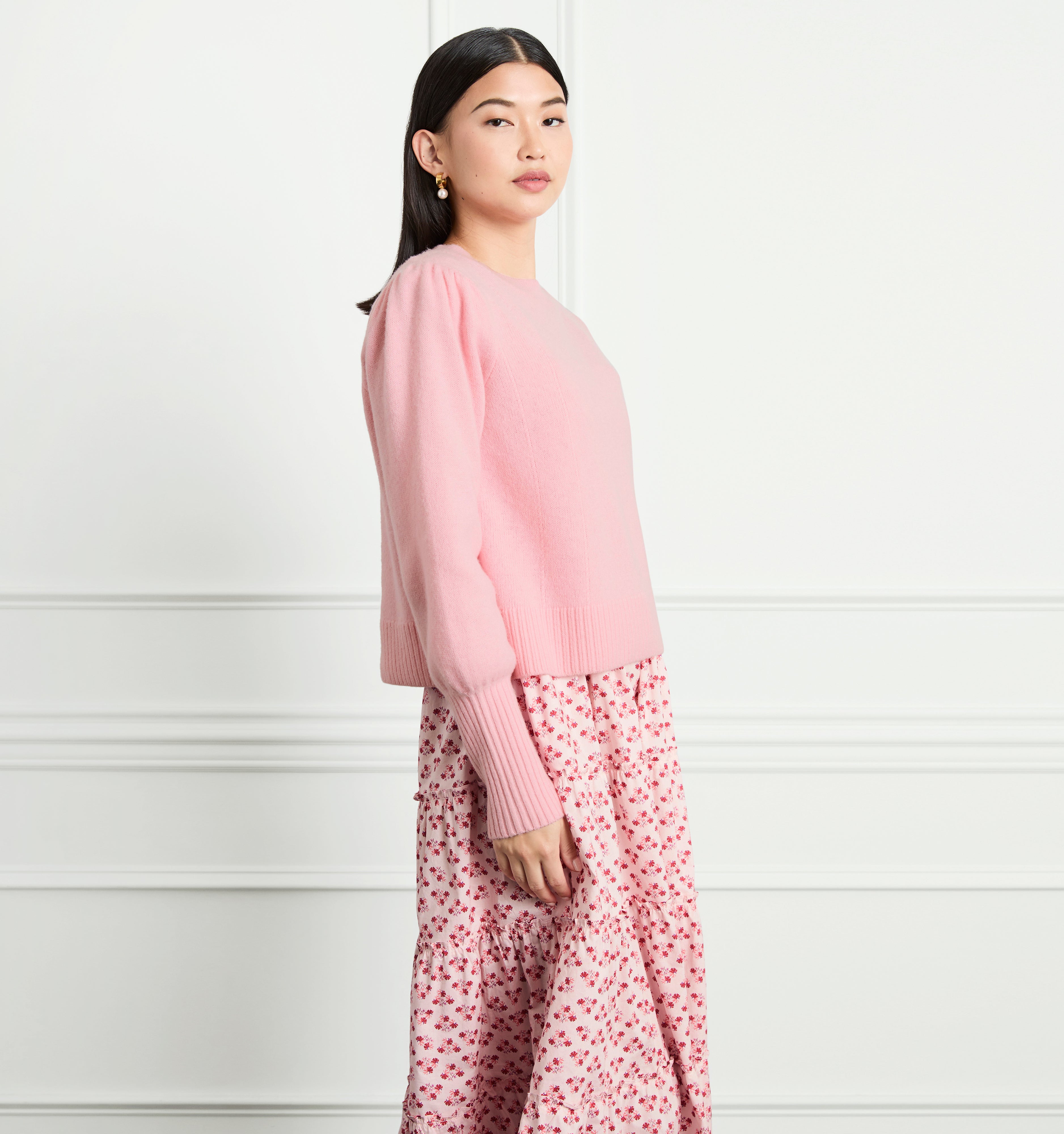 Sophia wears a size XS in the Candy Pink Merino Wool color:candy pink merino wool