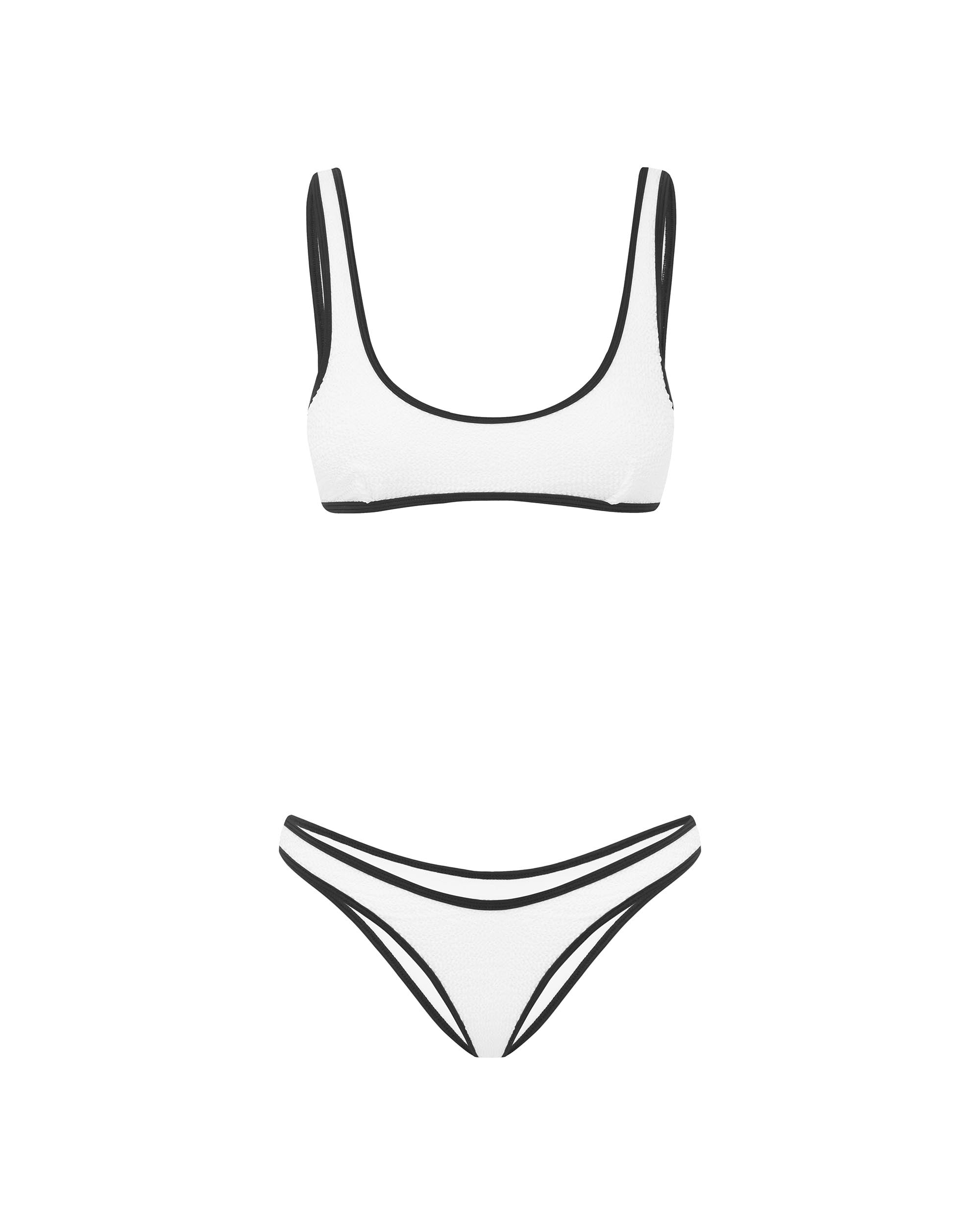 Studio image of the 90s Duo Pant in White and Black Crimp, showcasing its high cut style and crimped texture. 