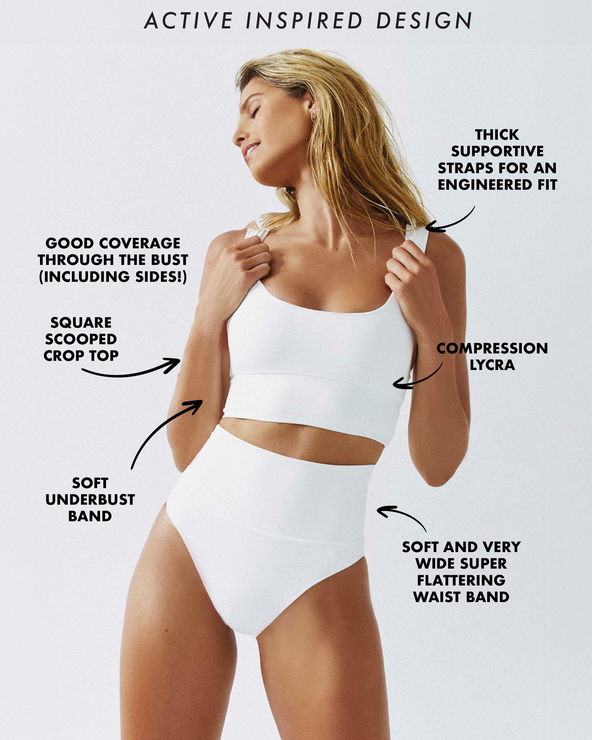Model posing while wearing the Contour Crop Top in White, with text annotations highlighting specific design features. 