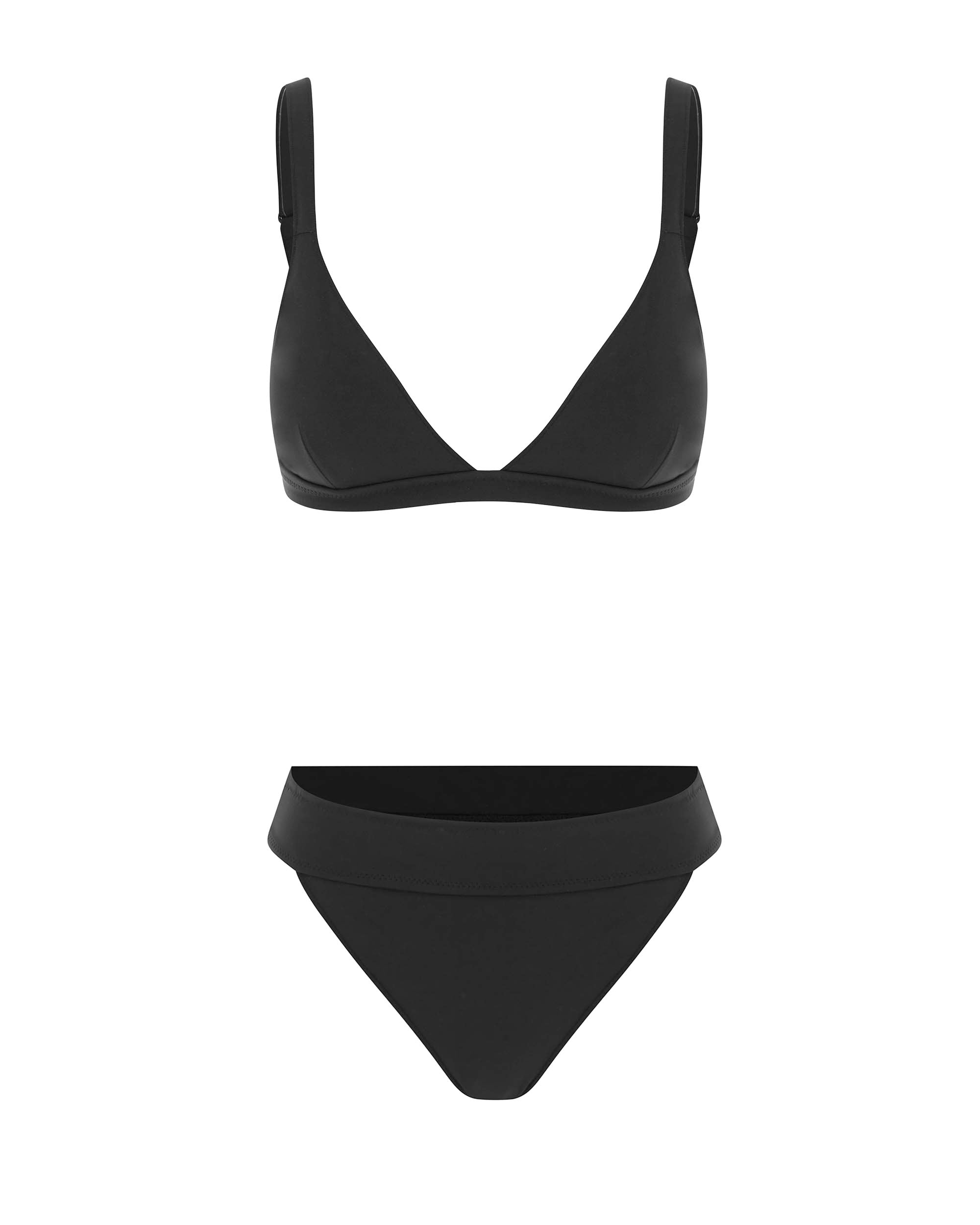 Studio image of the contour bikini top in black, featuring its triangle bralette shape.