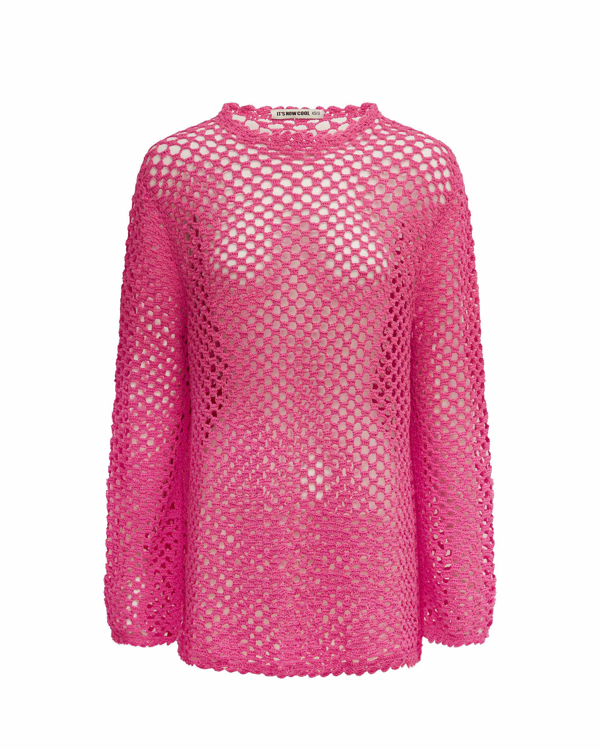 Studio image of the Open Knit Top in Candyland, featuring its hot pink hand crocheted netting style.