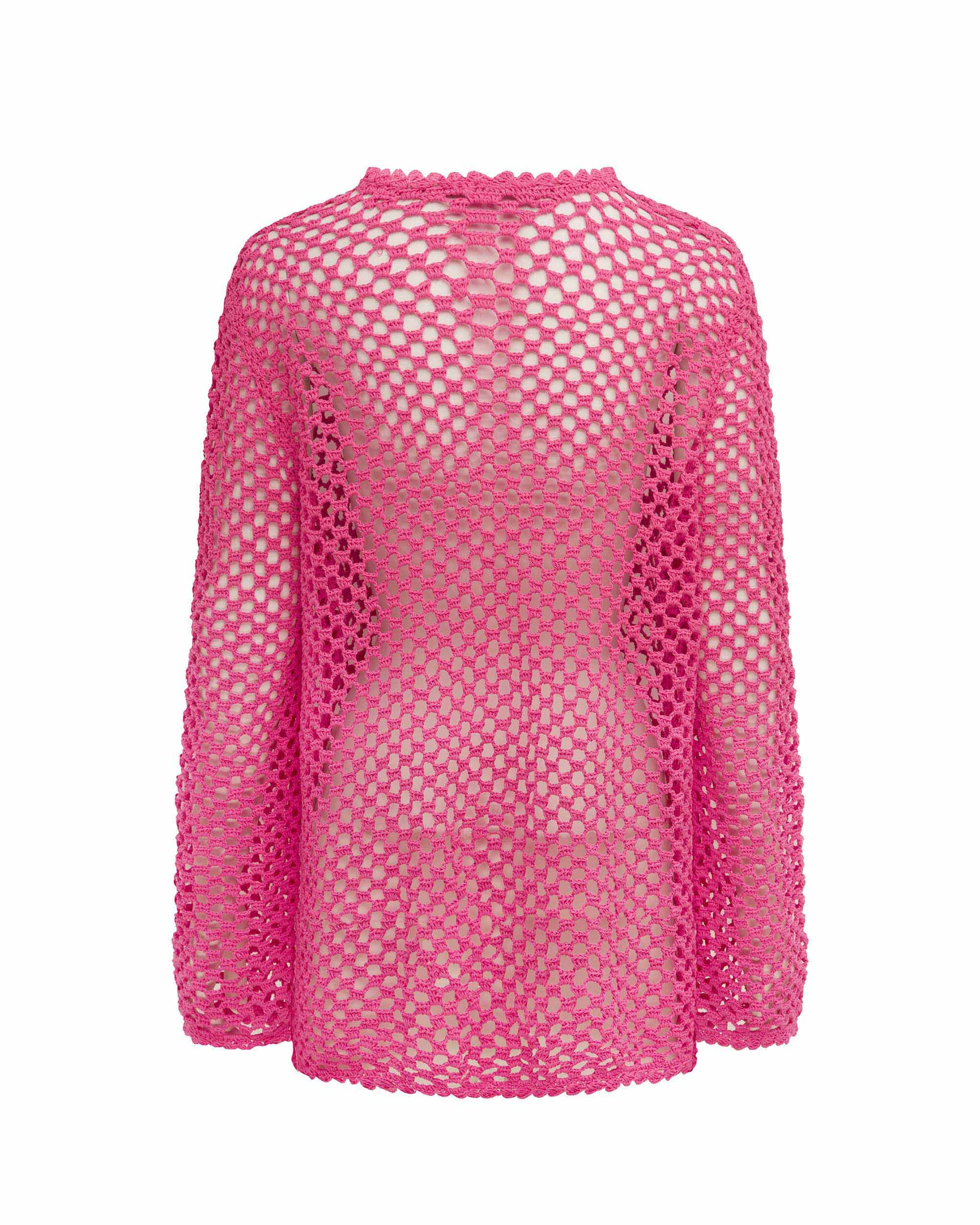 Studio image of the back of the Open Knit Top in Candyland, featuring its long sleeves and hand crocheted netting design. 