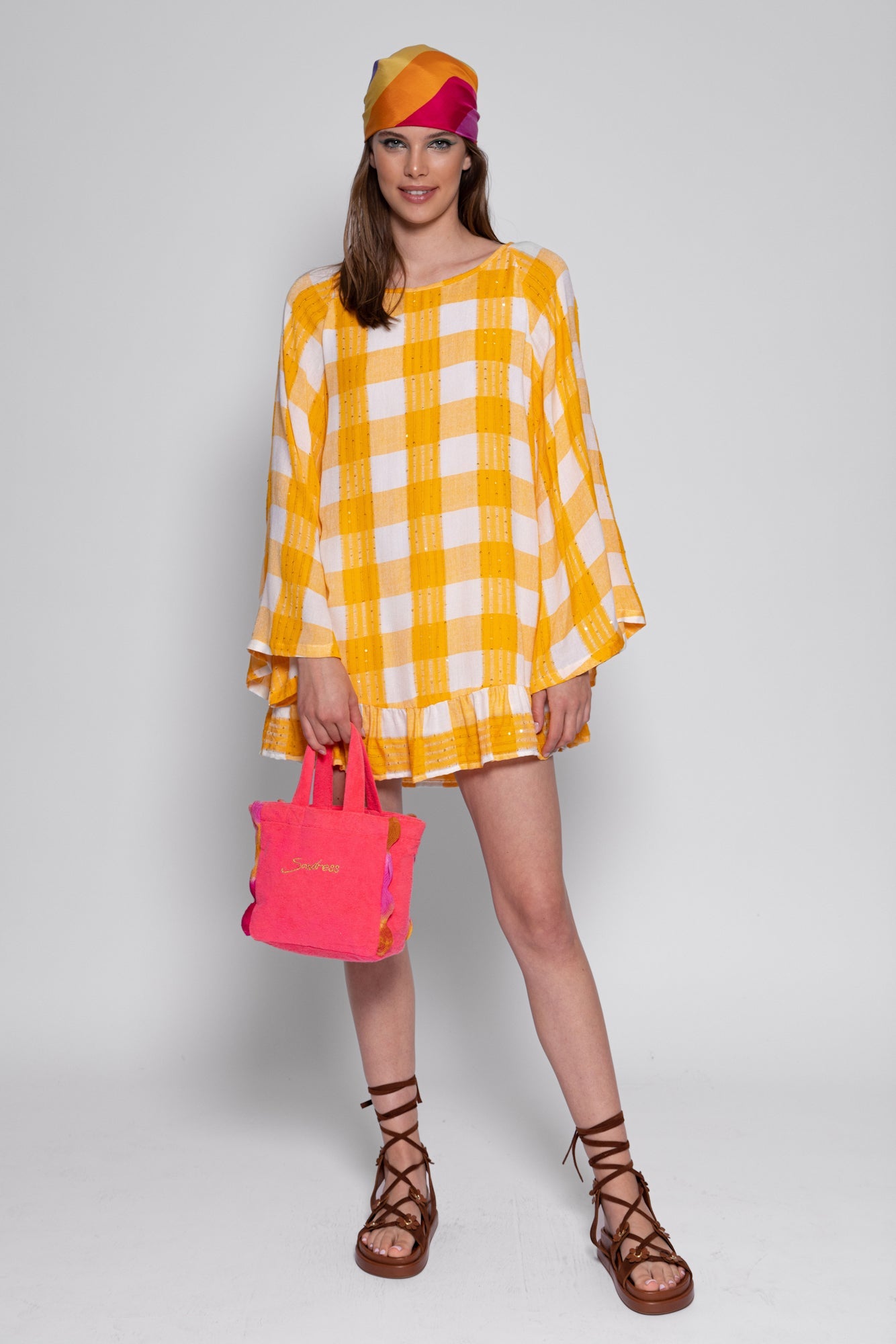 INDIANA SHORT DRESS GINGHAM YELLOW / SEQUINS