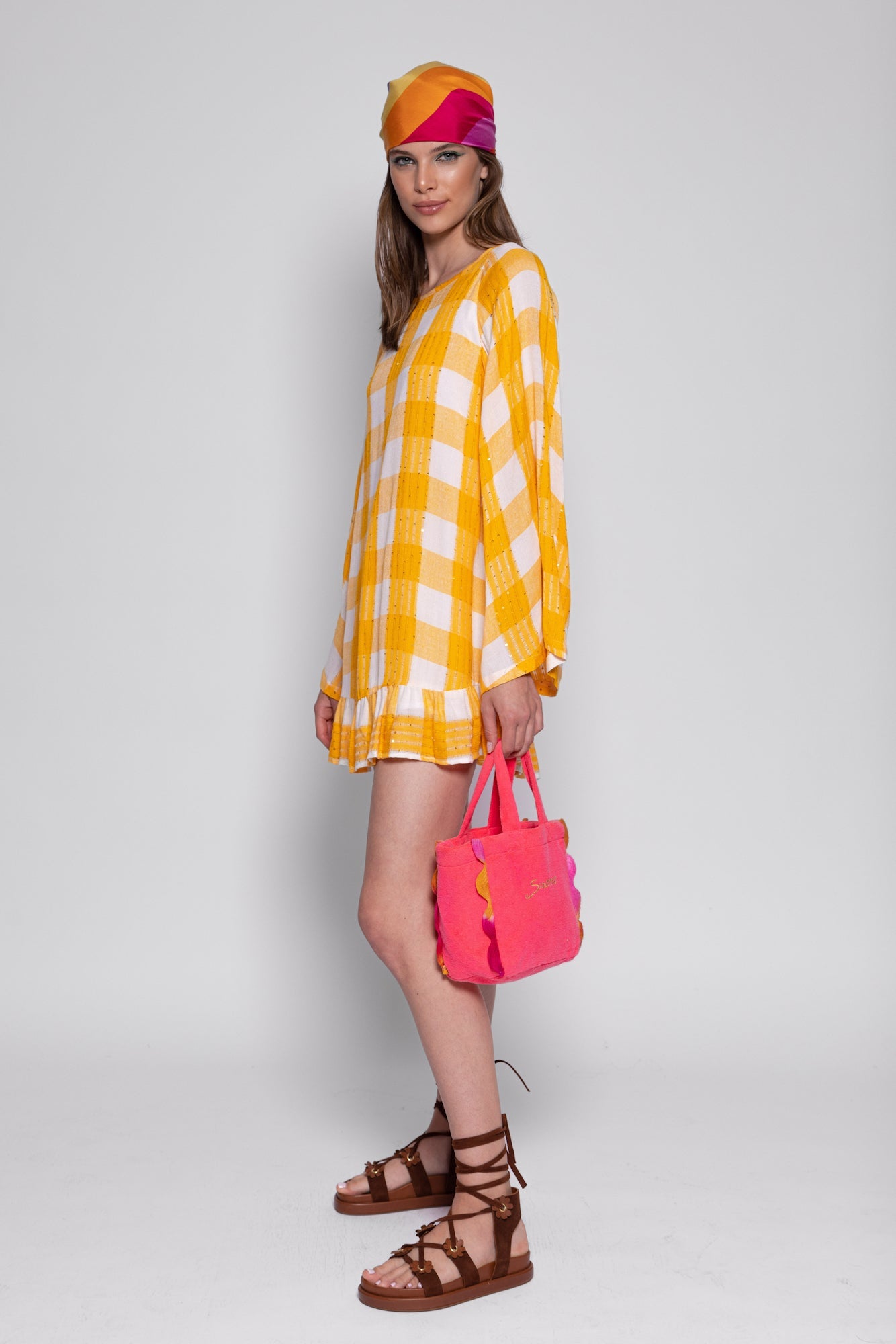 INDIANA SHORT DRESS GINGHAM YELLOW / SEQUINS