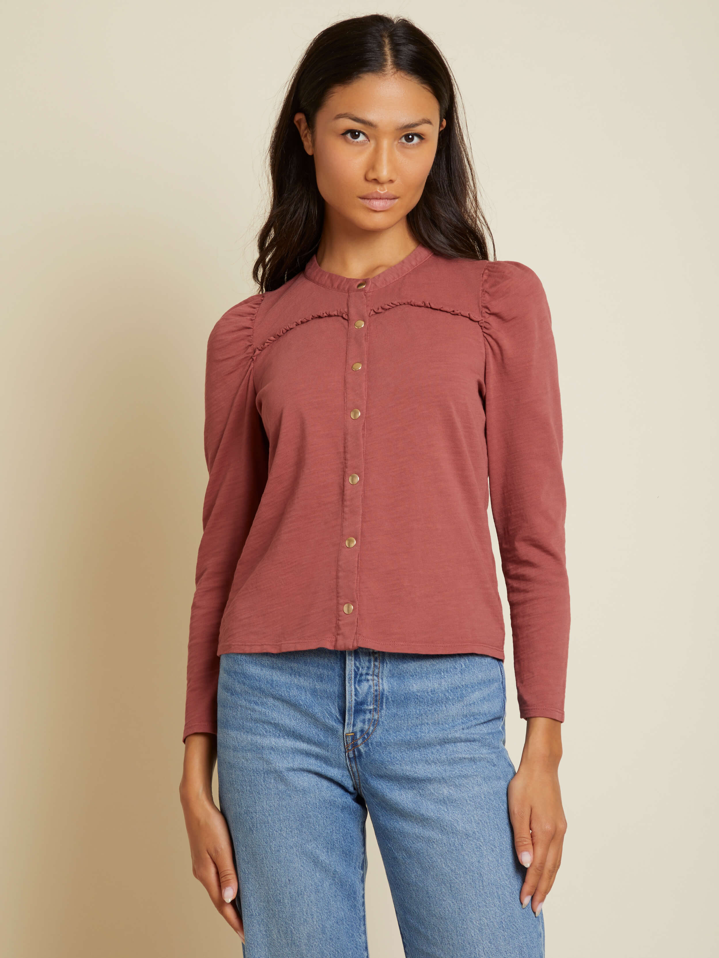 NATION LTD Juniper Puff Shoulder Button Front Long Sleeve