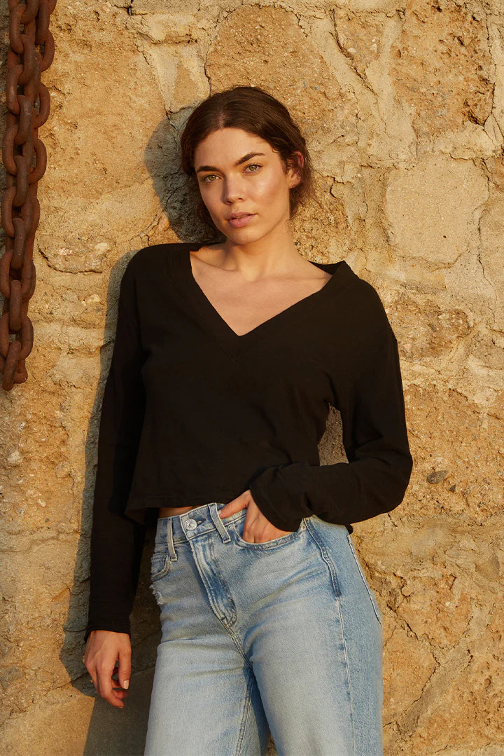 T110 - Jimi - Cotton Long Sleeve Boxy V Neck Tee