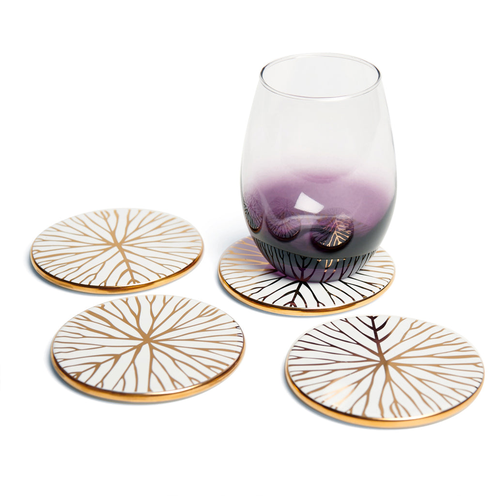 Talianna Lily Pad Coasters, White & Gold, Set of 4