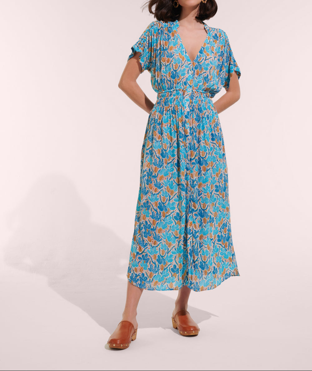 Long Dress Becky V Ck Blue Kaktus Viscose Crinkle