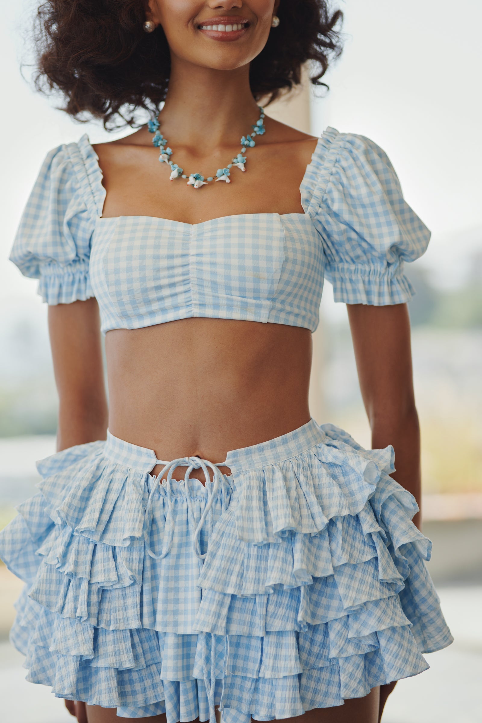 The Blue Gingham Babydoll Bikini Top