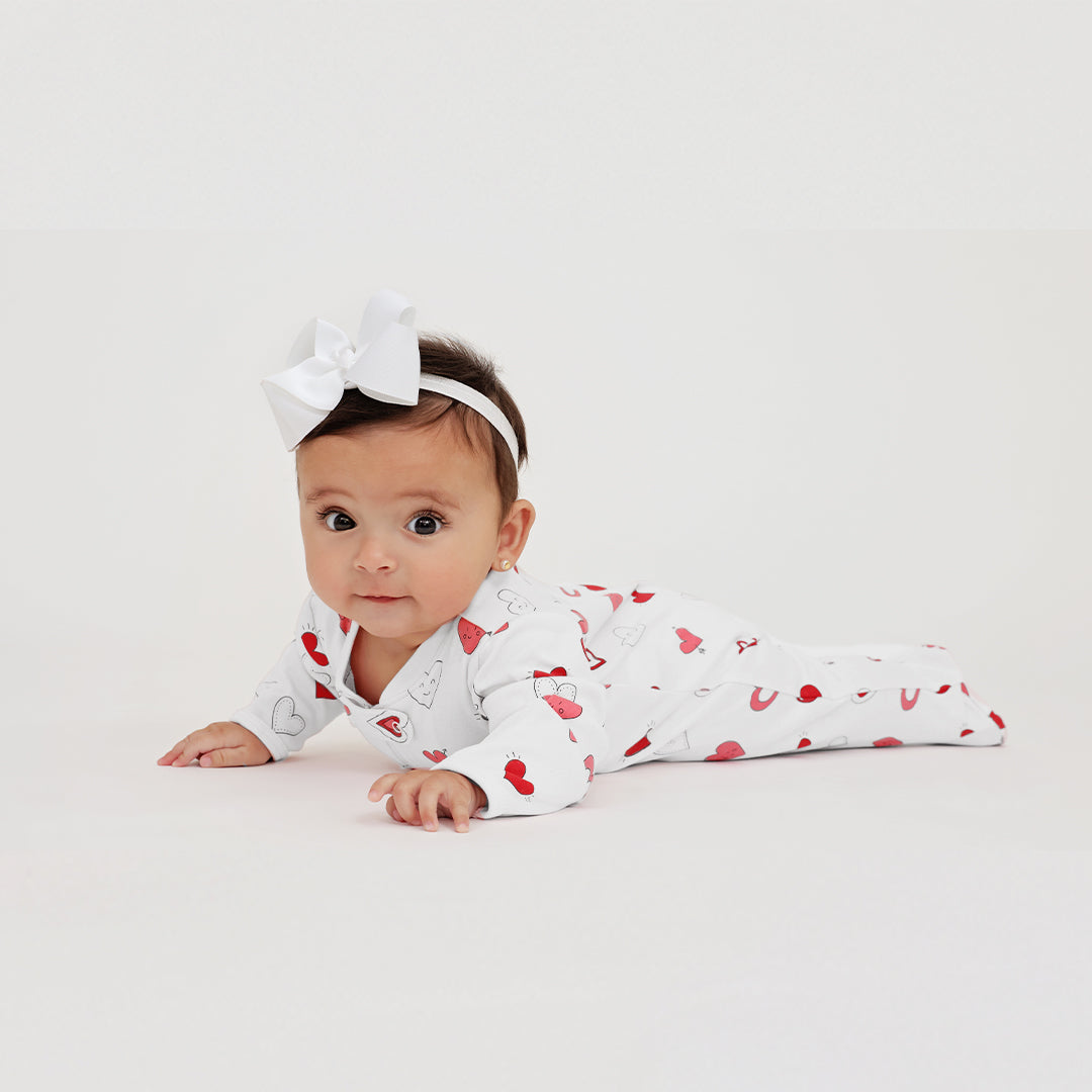 Zipper Footie White Hearts