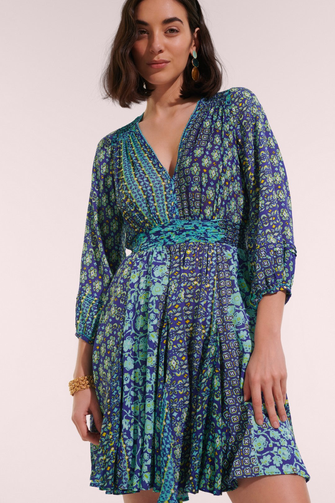 MINI DRESS ANABELLE V & V CREP - BLUE VERTI BATIK