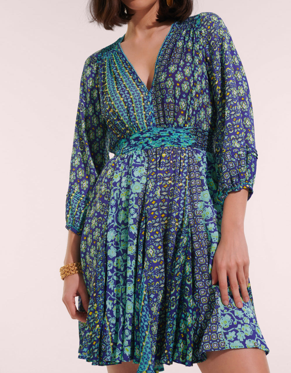 Mini Dress Anabelle V & V Crep Blue Verti Batik Viscose & Viscose Crep