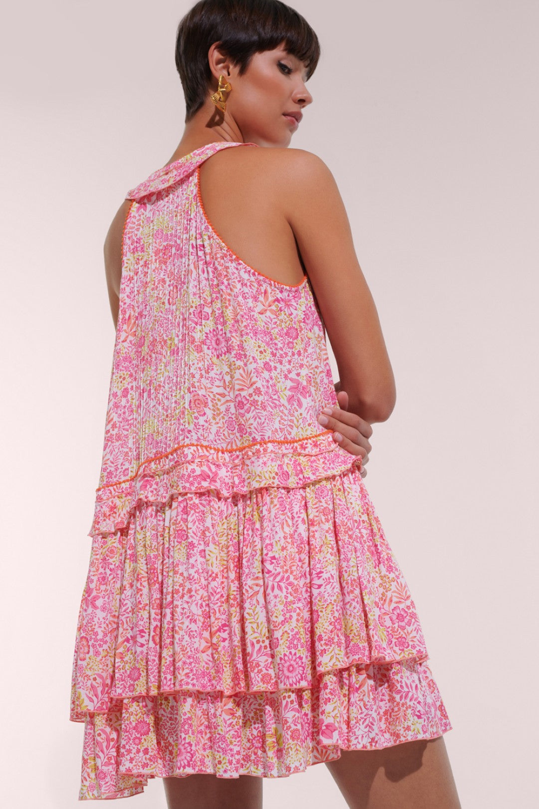 MINI DRESS MAE V - WHITE PINK NATURE