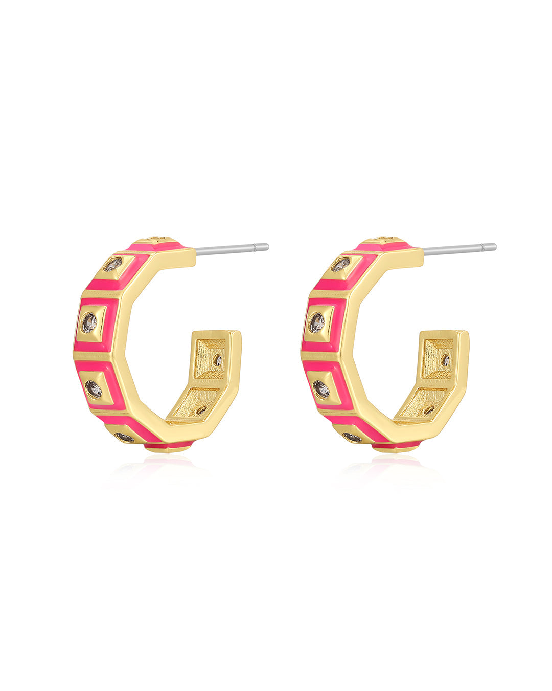 Mini Pyramid Stud Hoops- Hot Pink- Gold