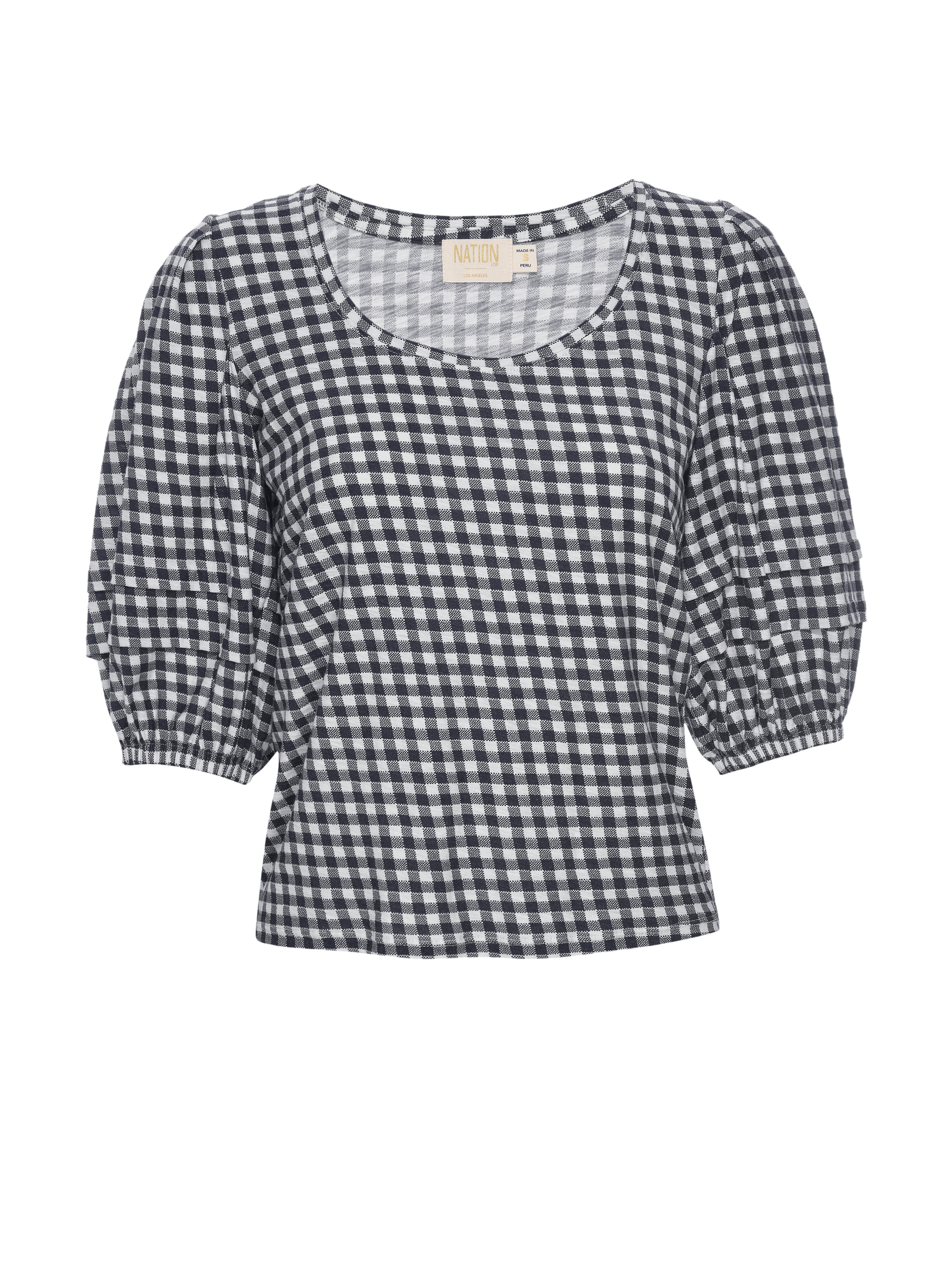 NATION LTD Nigella Checkered Scoop Neck Puff Sleeve Tee 