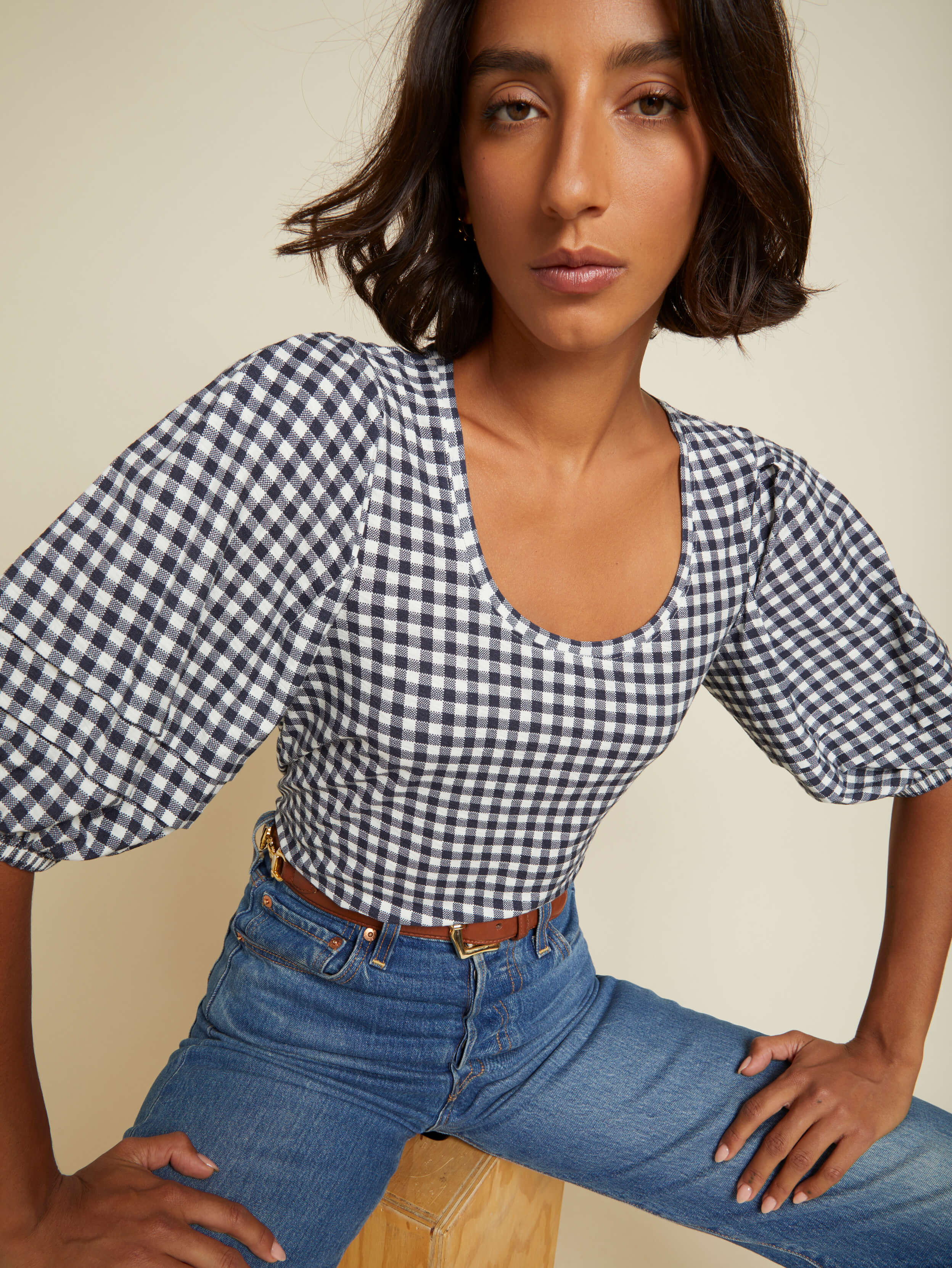 NATION LTD Nigella Checkered Scoop Neck Puff Sleeve Tee 