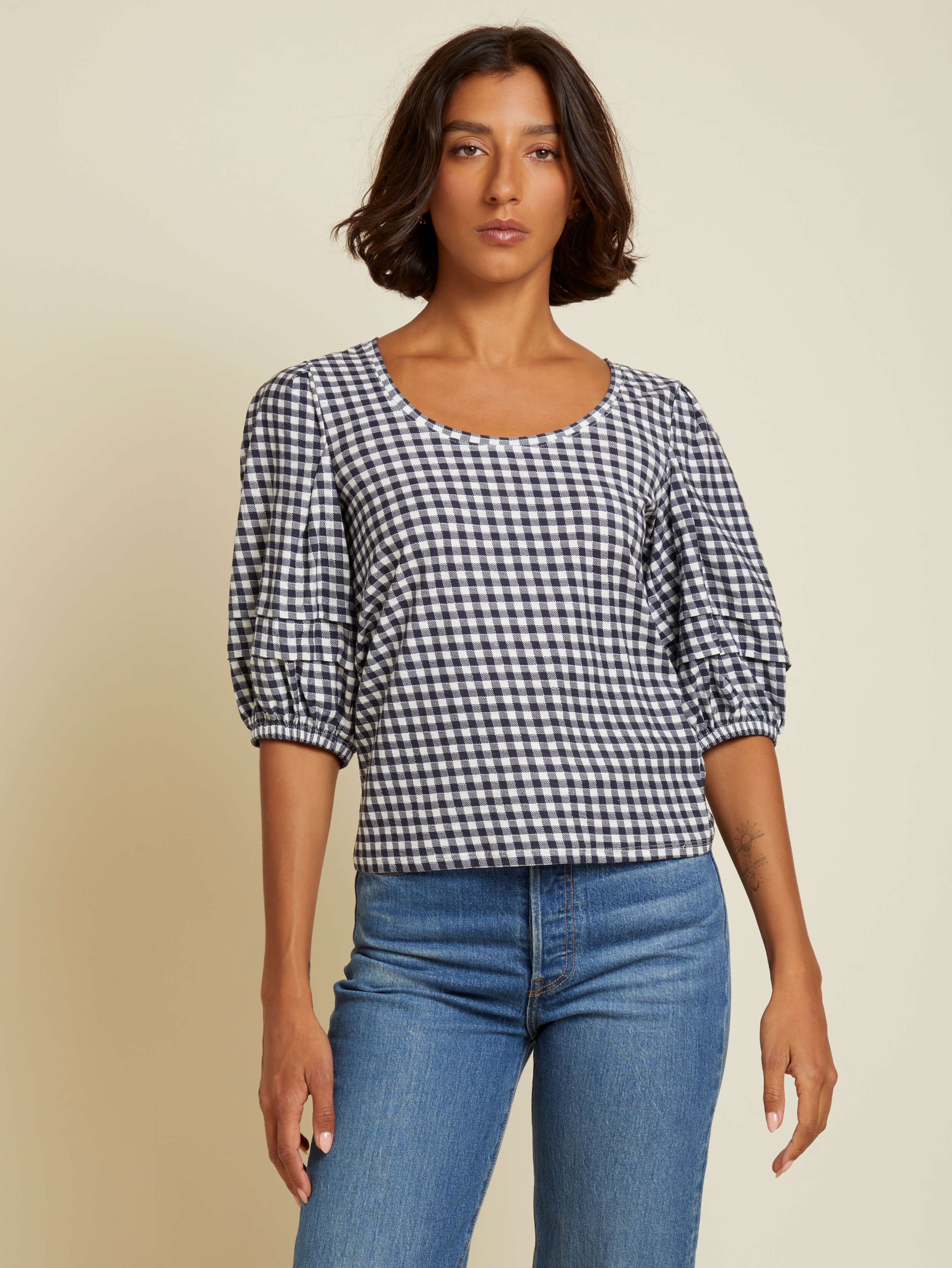 NATION LTD Nigella Checkered Scoop Neck Puff Sleeve Tee 