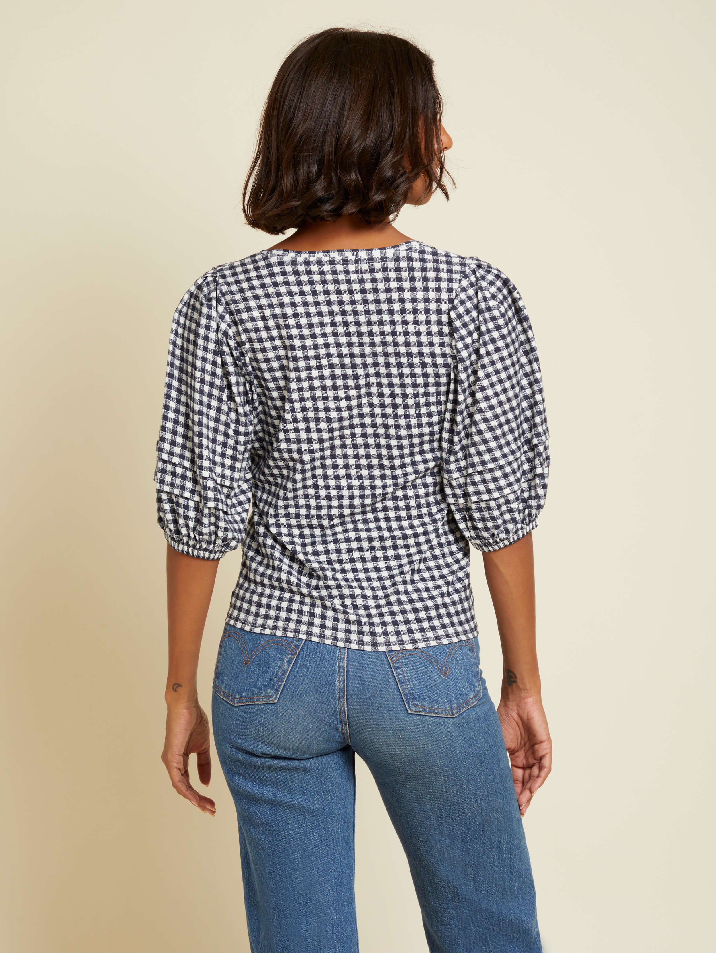 NATION LTD Nigella Checkered Scoop Neck Puff Sleeve Tee 