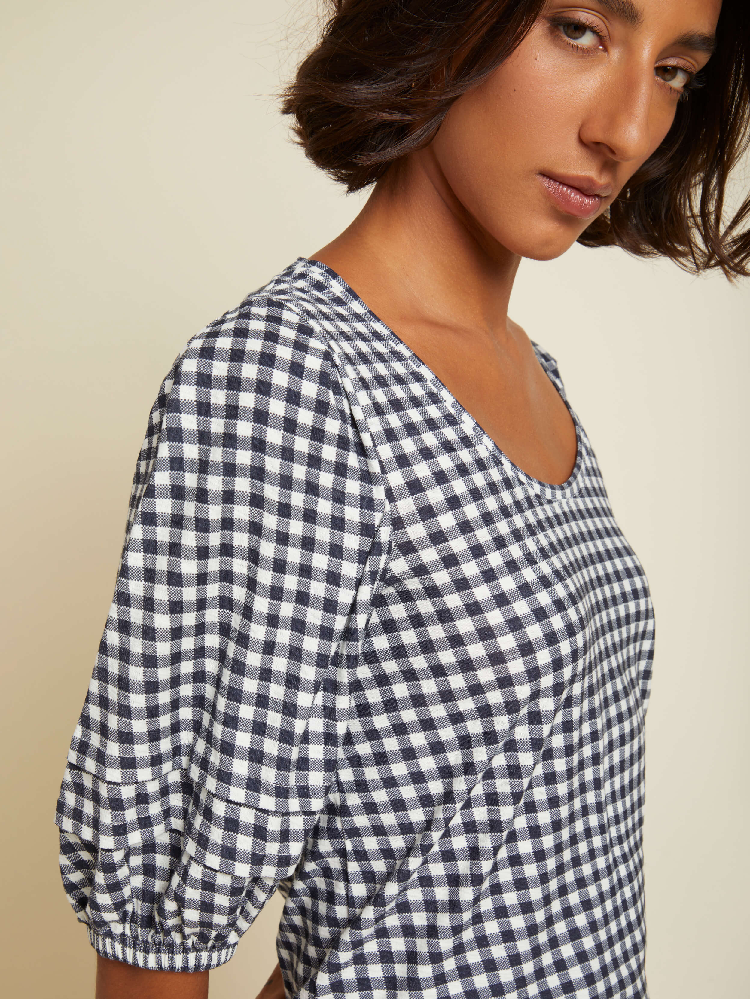 NATION LTD Nigella Checkered Scoop Neck Puff Sleeve Tee 