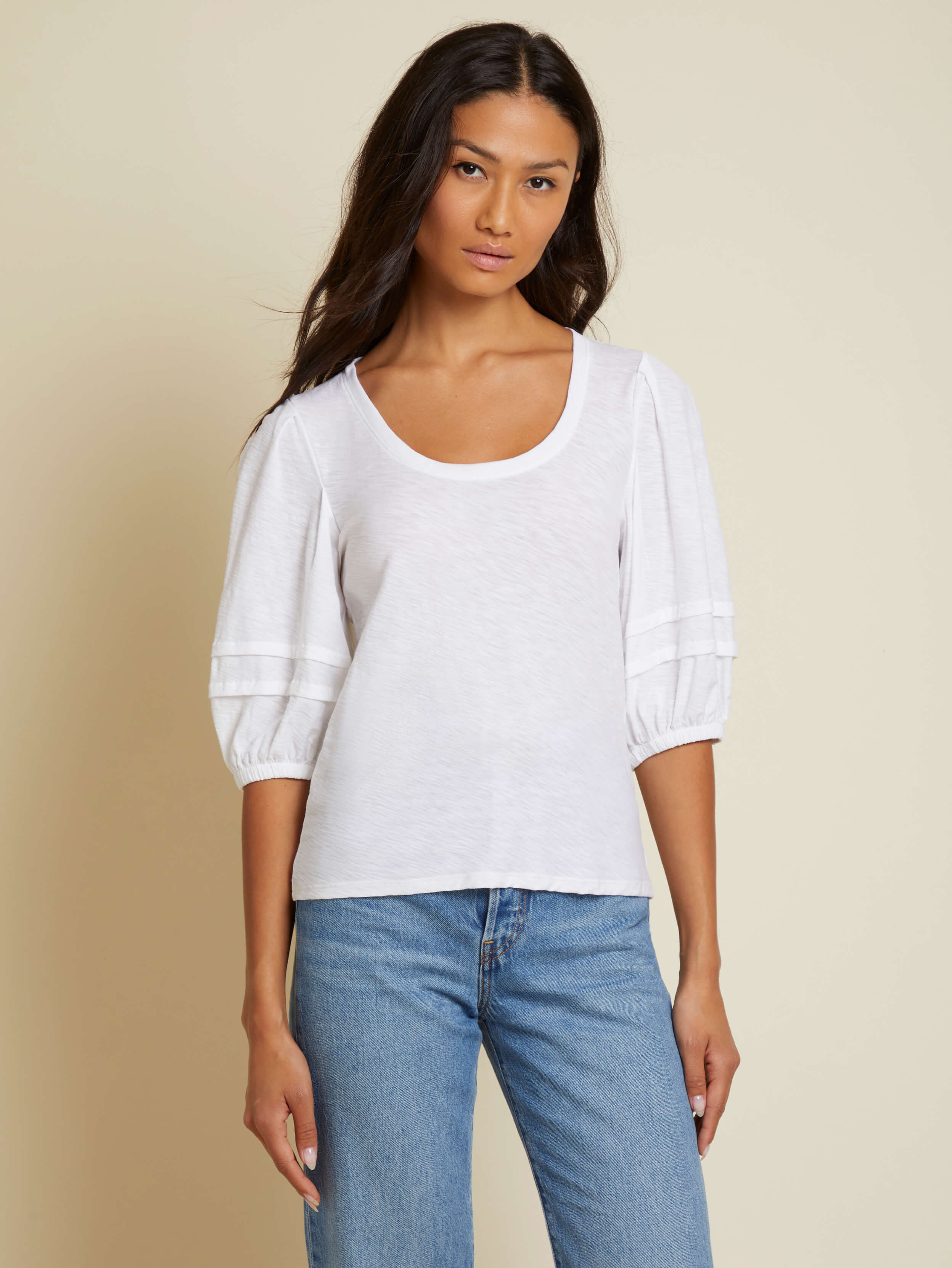 NATION LTD Nigella Checkered Scoop Neck Puff Sleeve Tee 