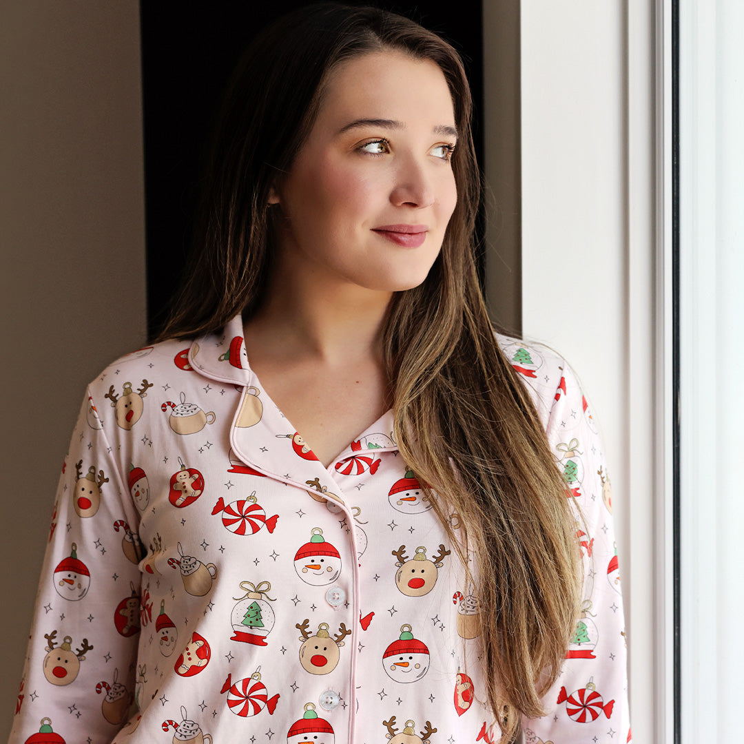 Womens Two Piece Pj Pink Christmas Ornaments