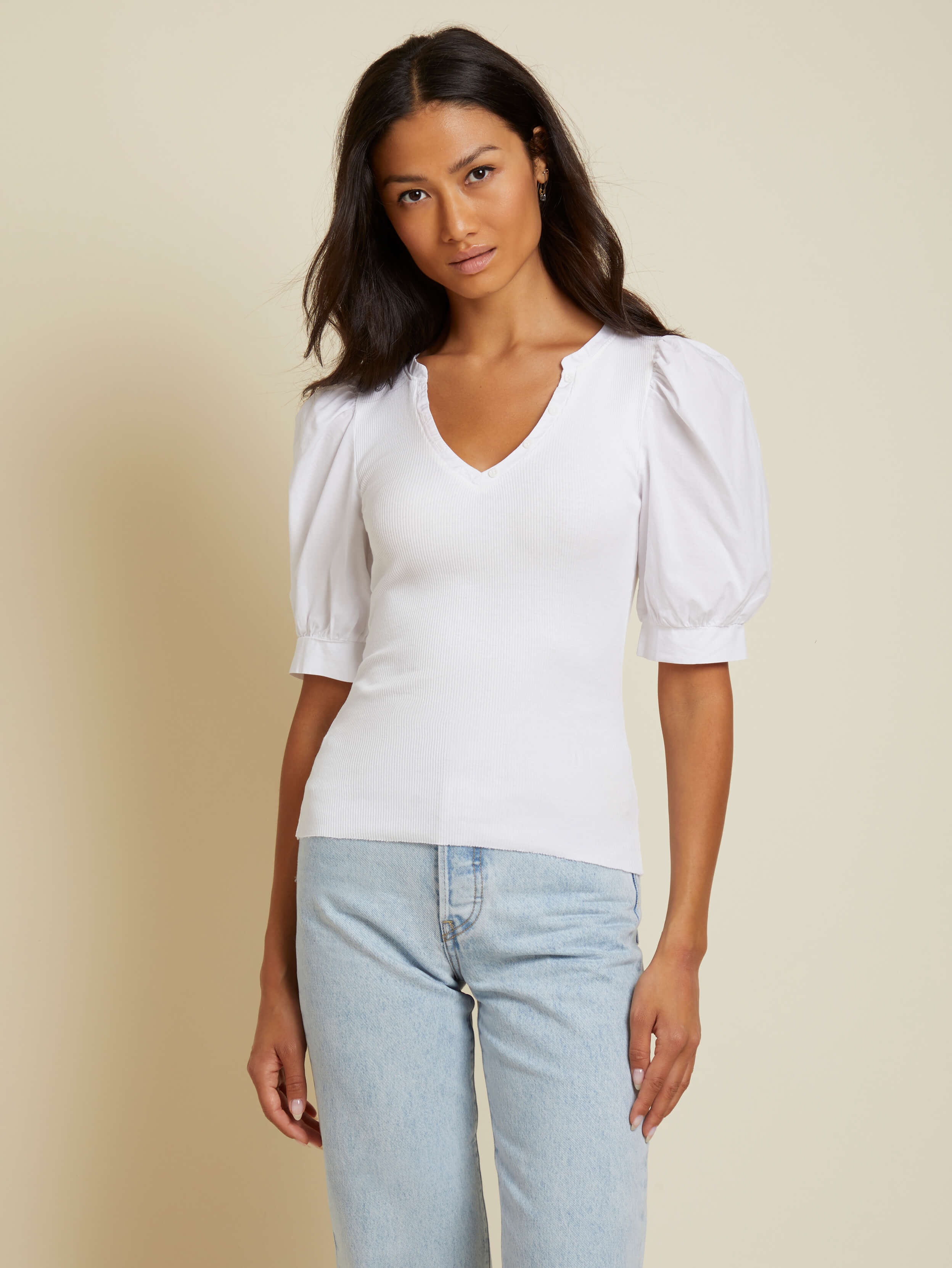 NATION LTD Natalie Mandarin Collar Puff Sleeve Tee