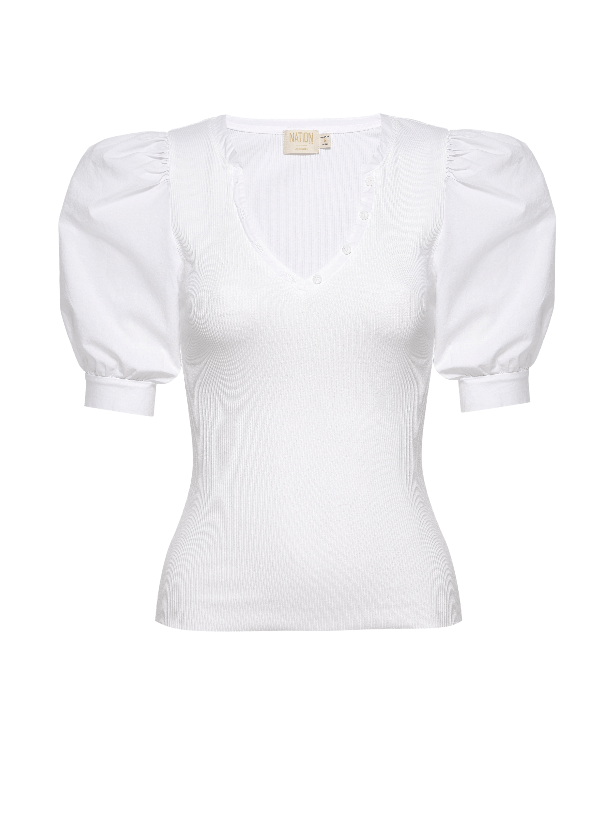 NATION LTD Natalie Mandarin Collar Puff Sleeve Tee