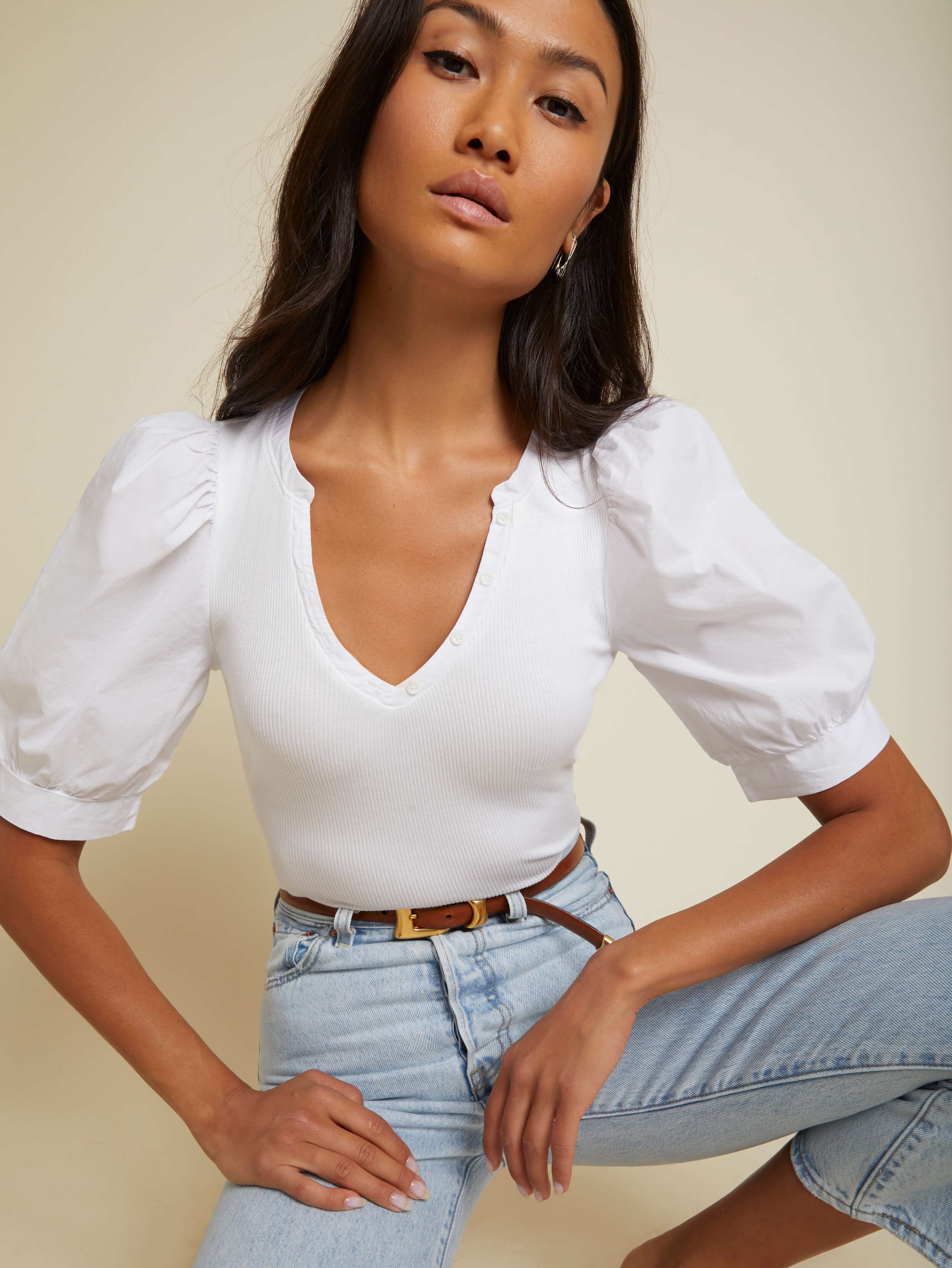 NATION LTD Natalie Mandarin Collar Puff Sleeve Tee