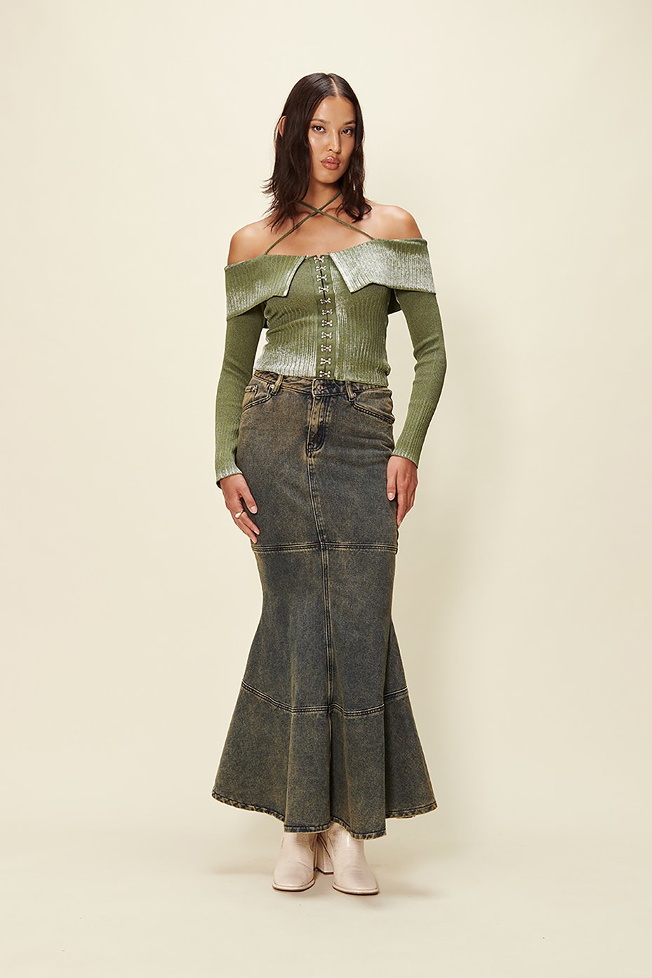 Off The Shoulder Fade Knit | Moss