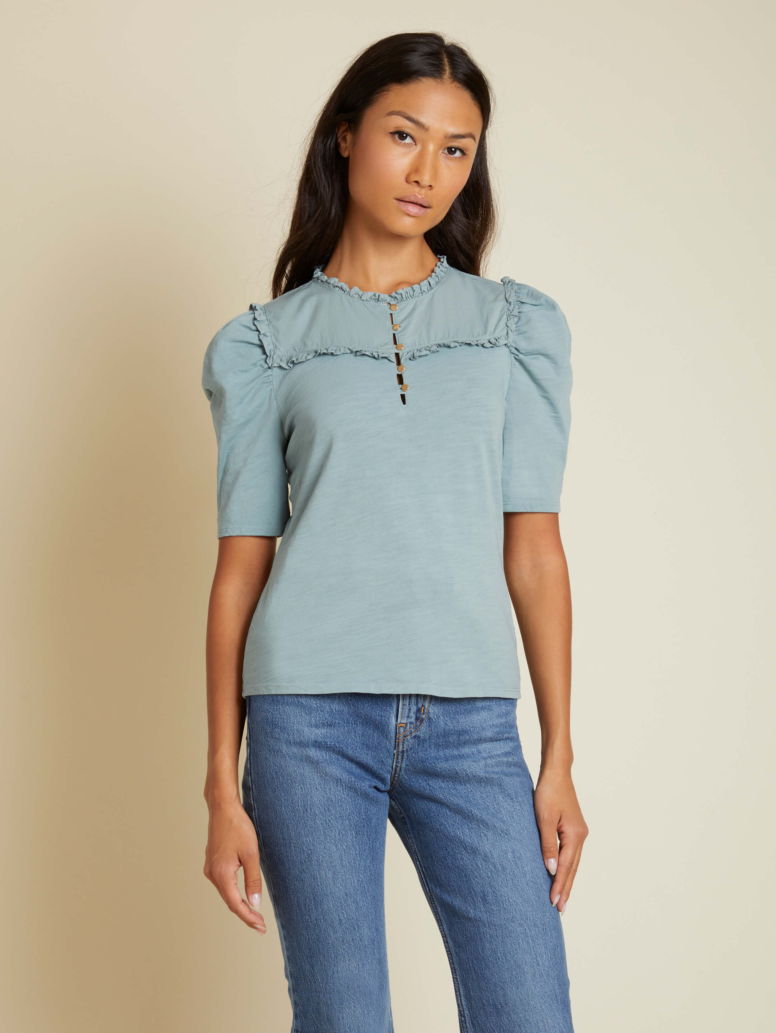 NATION LTD Palamina Manadrin Collar Ruffled Puff Sleeve Tee