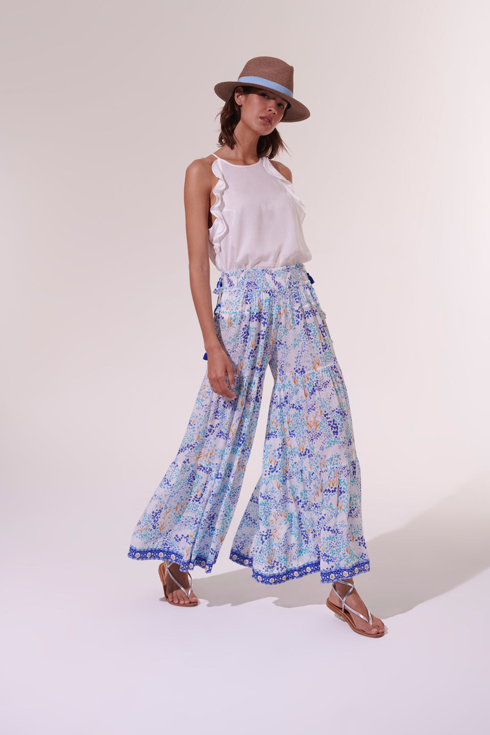 Poupette St Barth - Pant Soledad - White Blue Tulipe