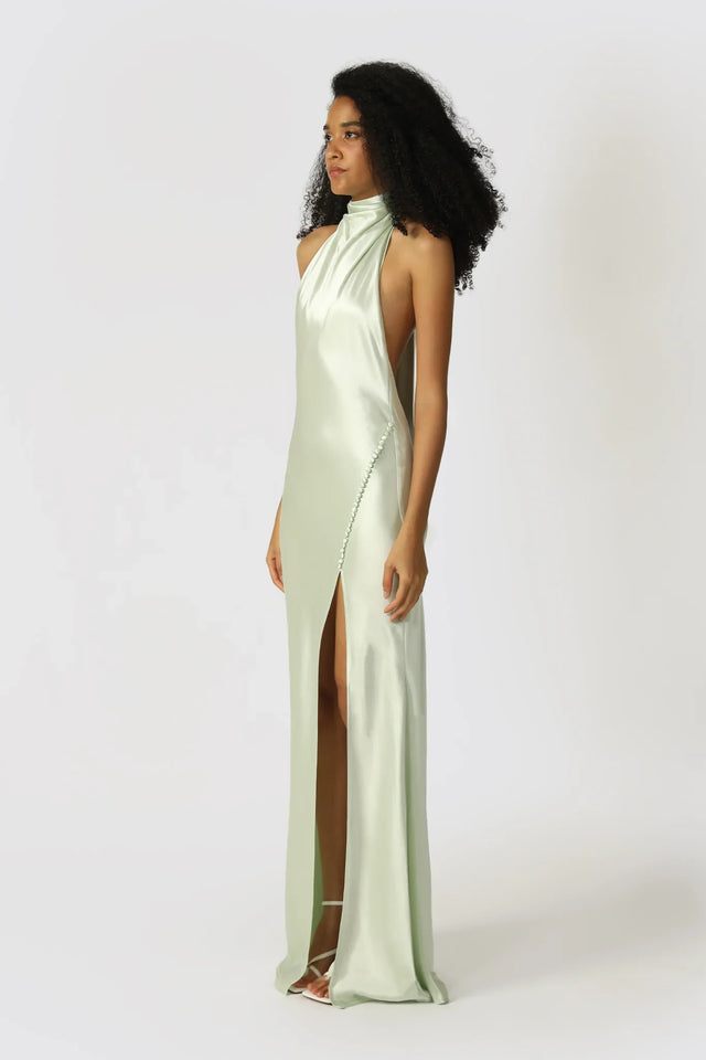 Penelope Backless Satin Gown - Pistachio