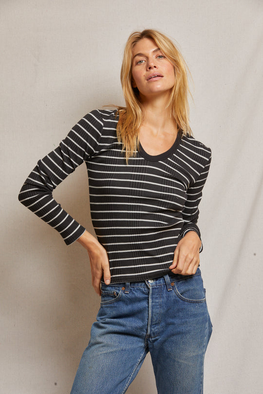 T119 - Robyn - Rib Stripe Luxe Long Sleeve U Neck