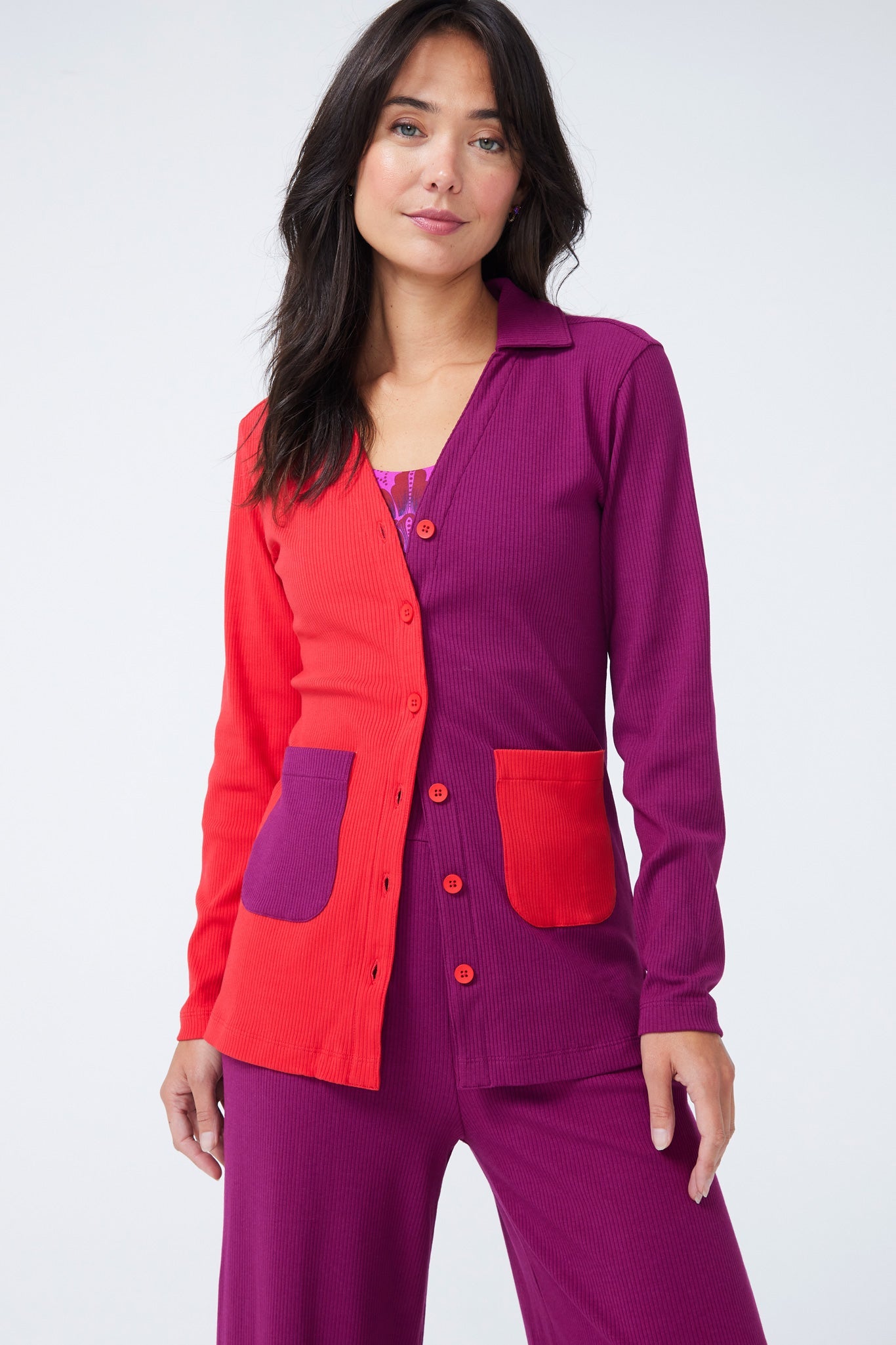 Rib Cardigan in Black Raspberry and Hot Red