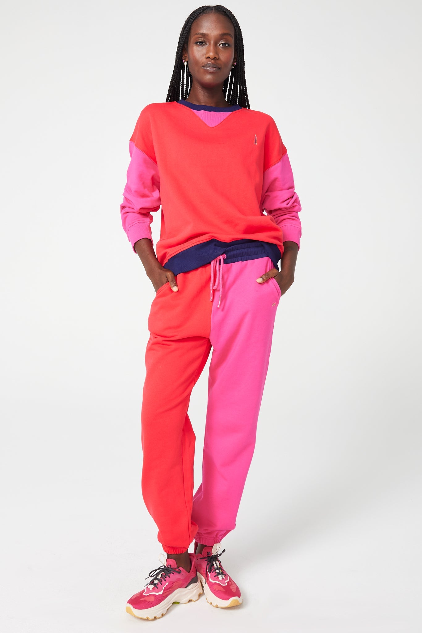 Colorblock Sweatpants in Hot Red and Terez Pink
