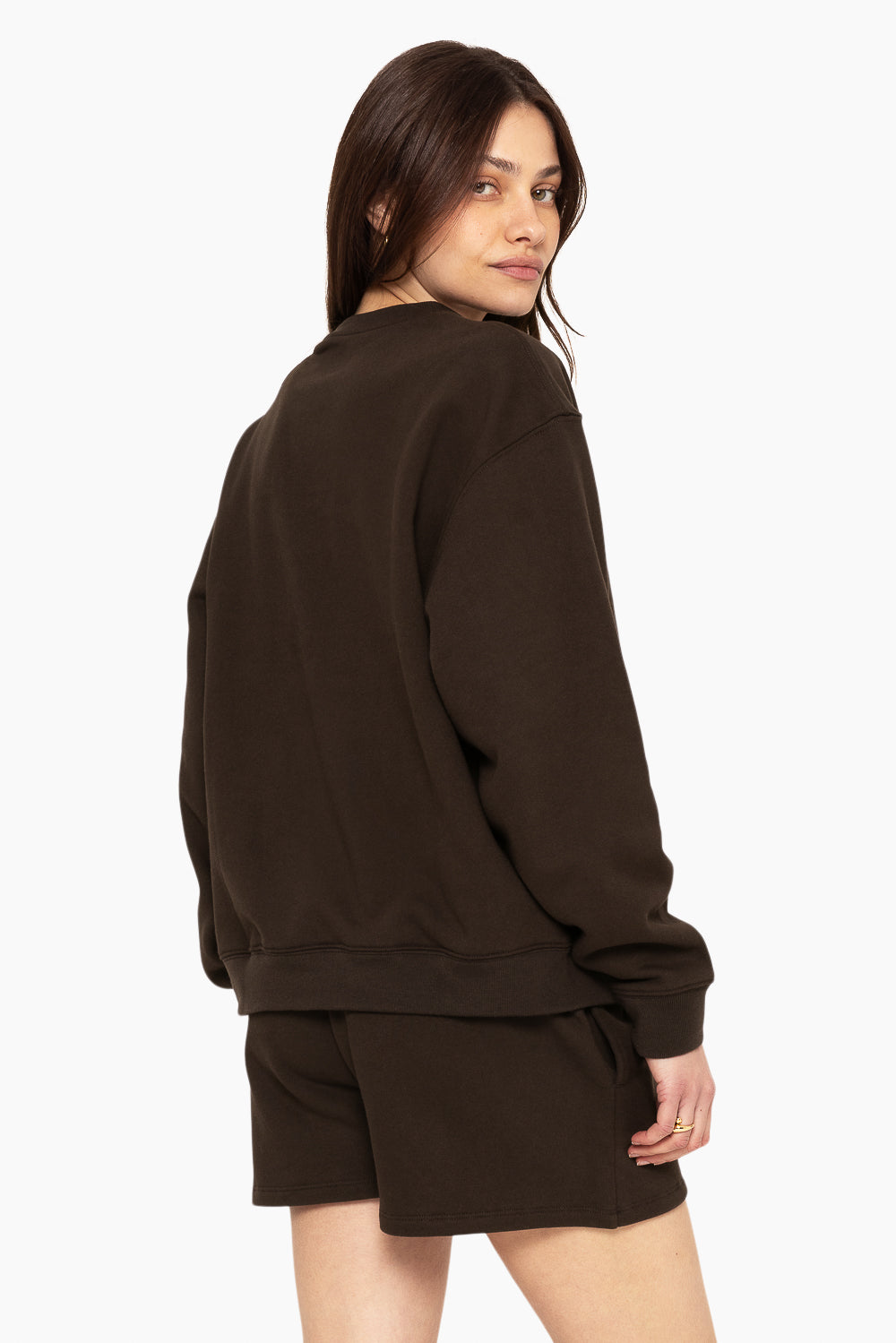 SET, EMBROIDERED HEAVYWEIGHT SWEATS CREWNECK IN ESPRESSO