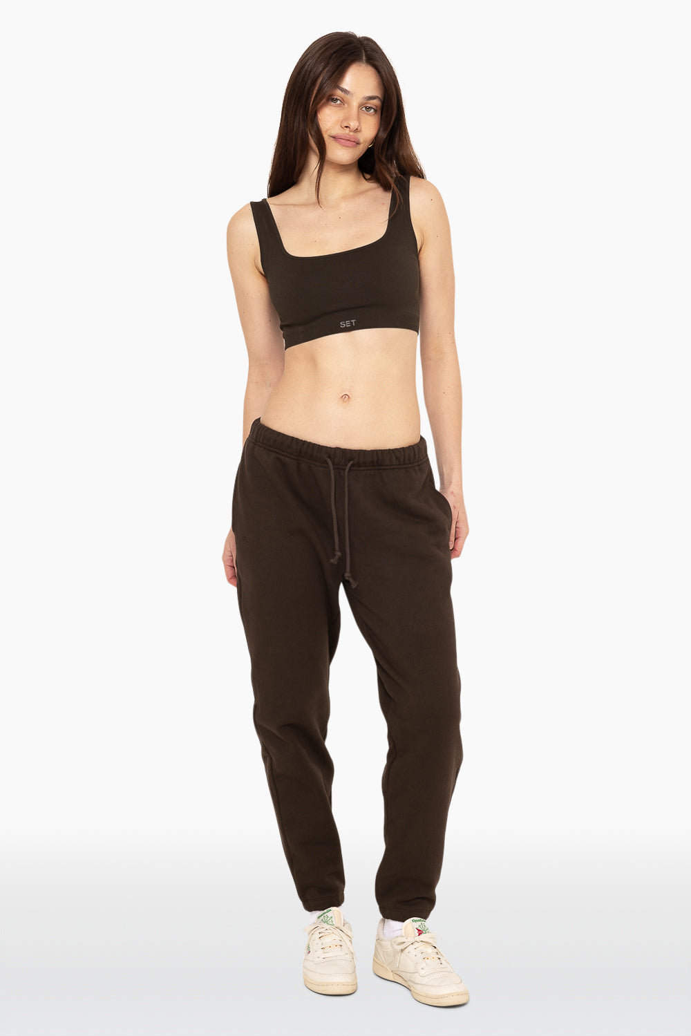 SET, EMBROIDERED HEAVYWEIGHT SWEATS DRAWSTRING SWEATPANTS IN ESPRESSO