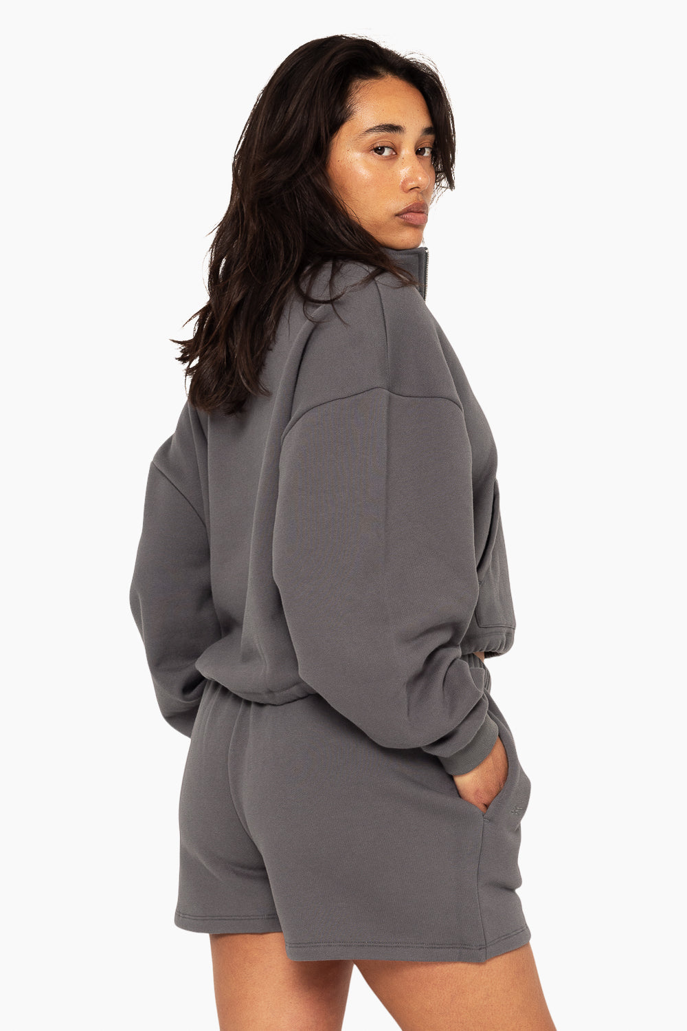 SET, EMBROIDERED HEAVYWEIGHT SWEATS HALF ZIP IN GRAPHITE