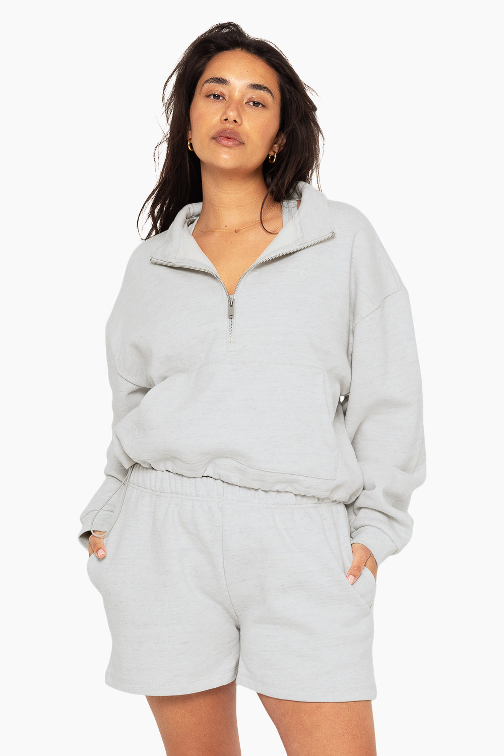 SET, EMBROIDERED HEAVYWEIGHT SWEATS HALF ZIP IN HEATHER GREY