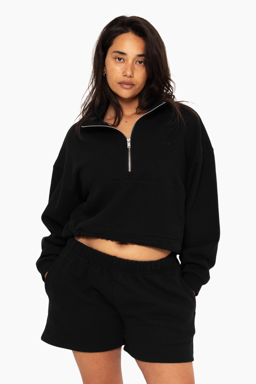 SET, EMBROIDERED HEAVYWEIGHT SWEATS HALF ZIP IN ONYX