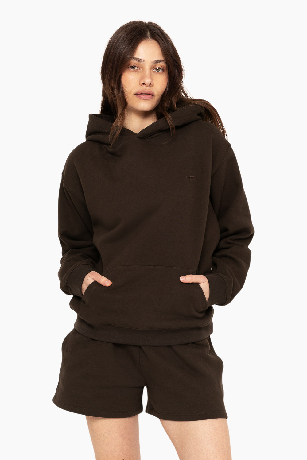 SET, EMBROIDERED HEAVYWEIGHT SWEATS HOODIE IN ESPRESSO